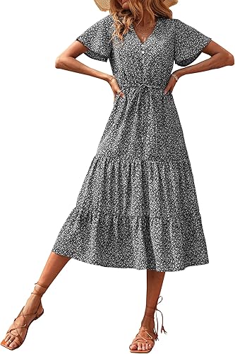 PRETTYGARDEN - Vestido floral para mujer, verano 2025, informal de manga corta, largo tipo maxi, cuello en V, corte escalonado, vaporoso, bohemio,