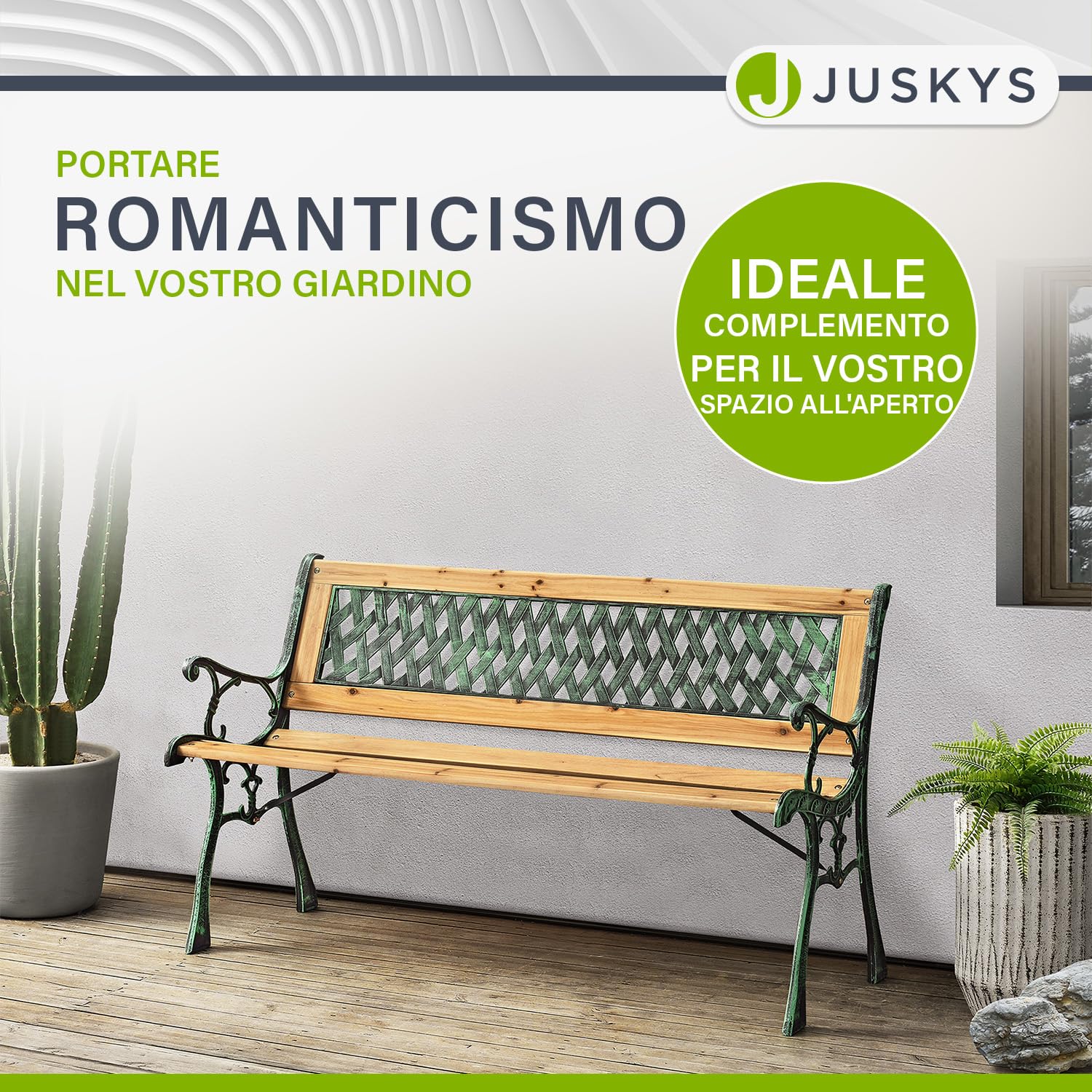 Juskys Panchina da giardino Pisa - Panchina in legno per 2 persone con braccioli e schienale - Resistente alle intemperie 122x54x73 cm - Elementi laterali in ghisa