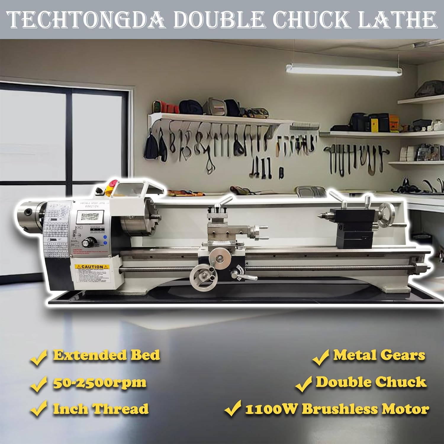 TECHTONGDA Metal Lathe 8x31" DIY Lathe Double Chuck Bench Lathe 1100W Brushless Motor Turning Machine Precision Mini Inch Thread Lathe for Cue Sticks
