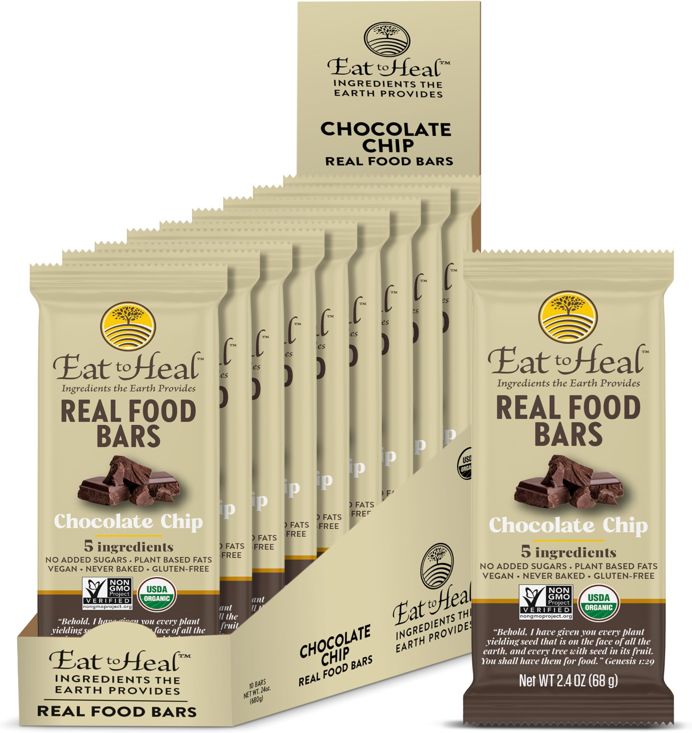 EatToHeal Chocolate Chip Real Food Bar - Organic Vegan Healthy Gluten Free Protein Bars - Low Sugar Meal Replacement Bar, Non GMO, Never Baked, Plant Based - Crafted to Enjoy, Not Sit on Shelves
