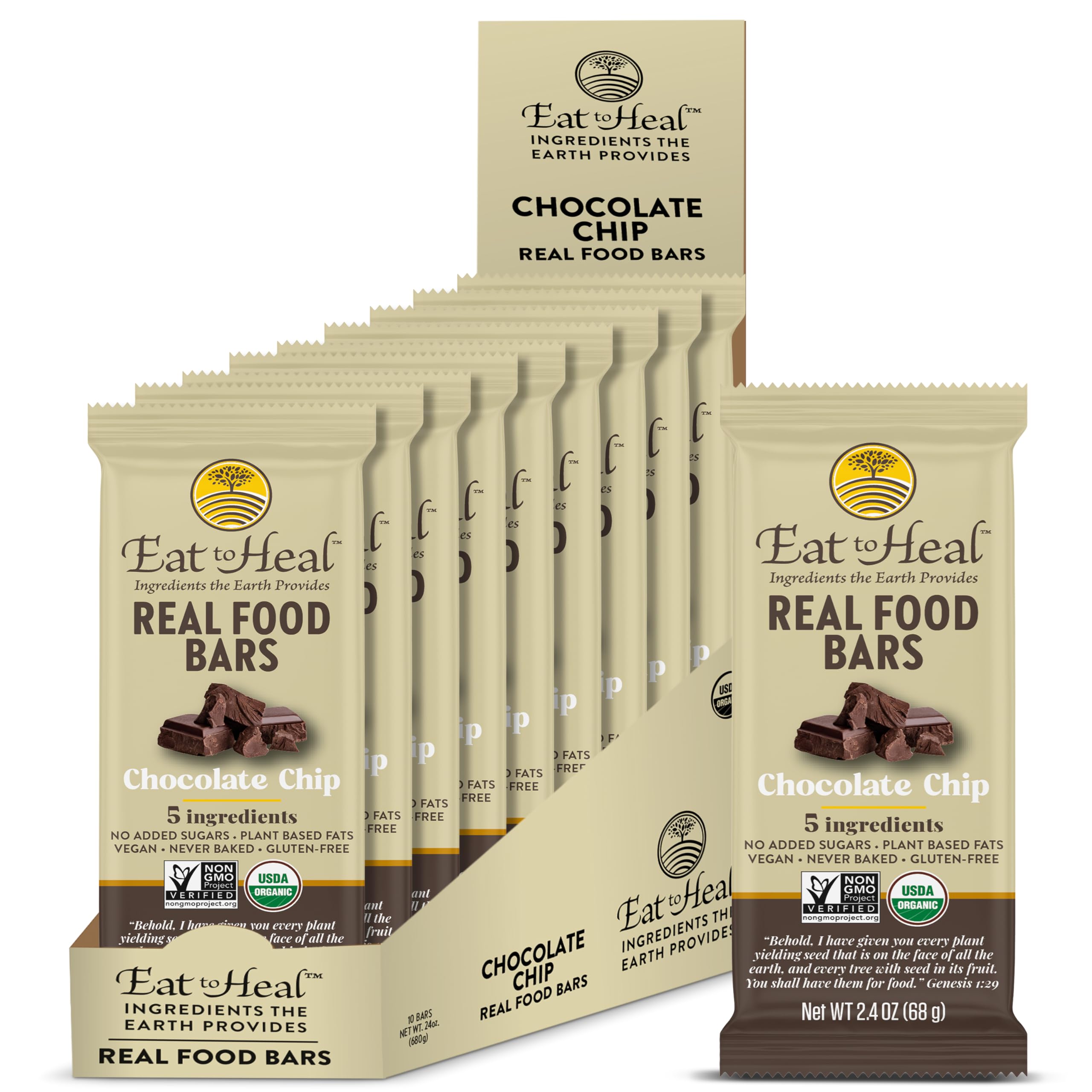 EatToHeal Chocolate Chip Real Food Bar - Organic Vegan Healthy Gluten Free Protein Bars - Low Sugar Meal Replacement Bar, Non GMO, Never Baked, Plant Based - Crafted to Enjoy, Not Sit on ShelvesUSDA Organic