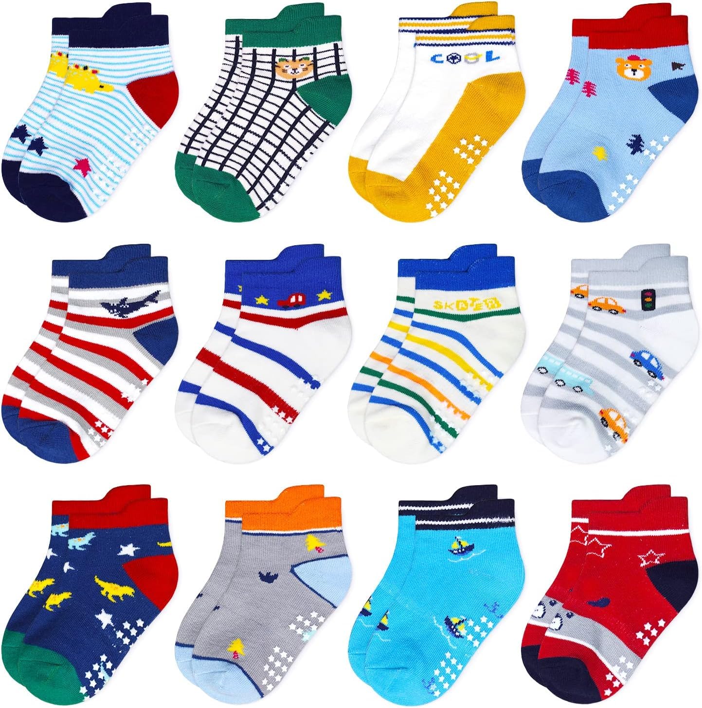 SUOSDEY Baby Antirutsch Socken mit Griffen - 12 Paar Jungen Kinder Mädchen Kleinkinder ABS Rutschfeste Socken Baumwolle StopperSocken, 1-7 Jahre