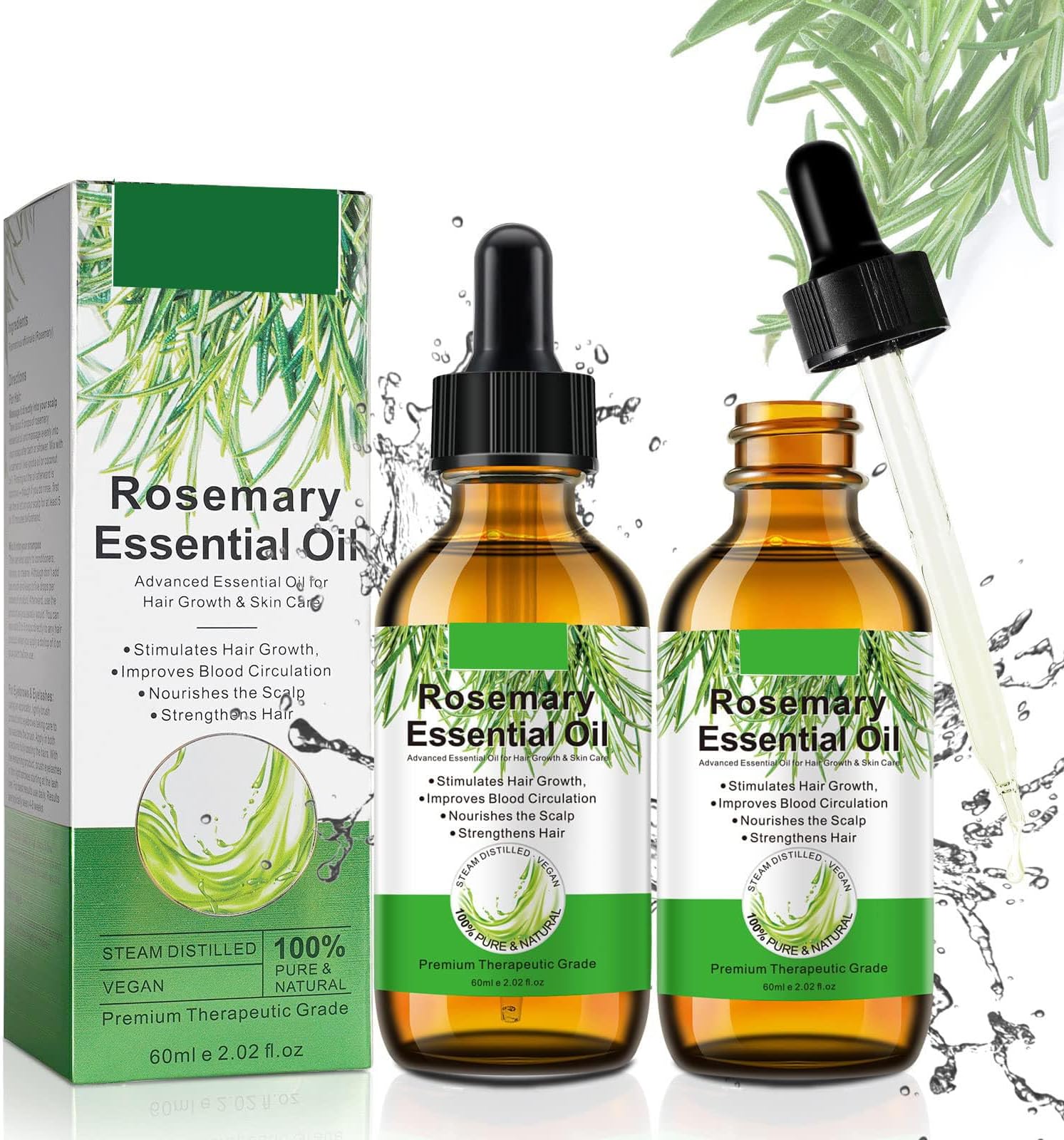 Rosemary Oil for Hair Growth,2 Pack Rosemary Essential Oil for Hair Loss Regrowth, Strengthens Hair, Nourishes Scalp, Light Weight, Non Greasy, Improves Scalp Circulation For Men And Women 2*2.02 Oz