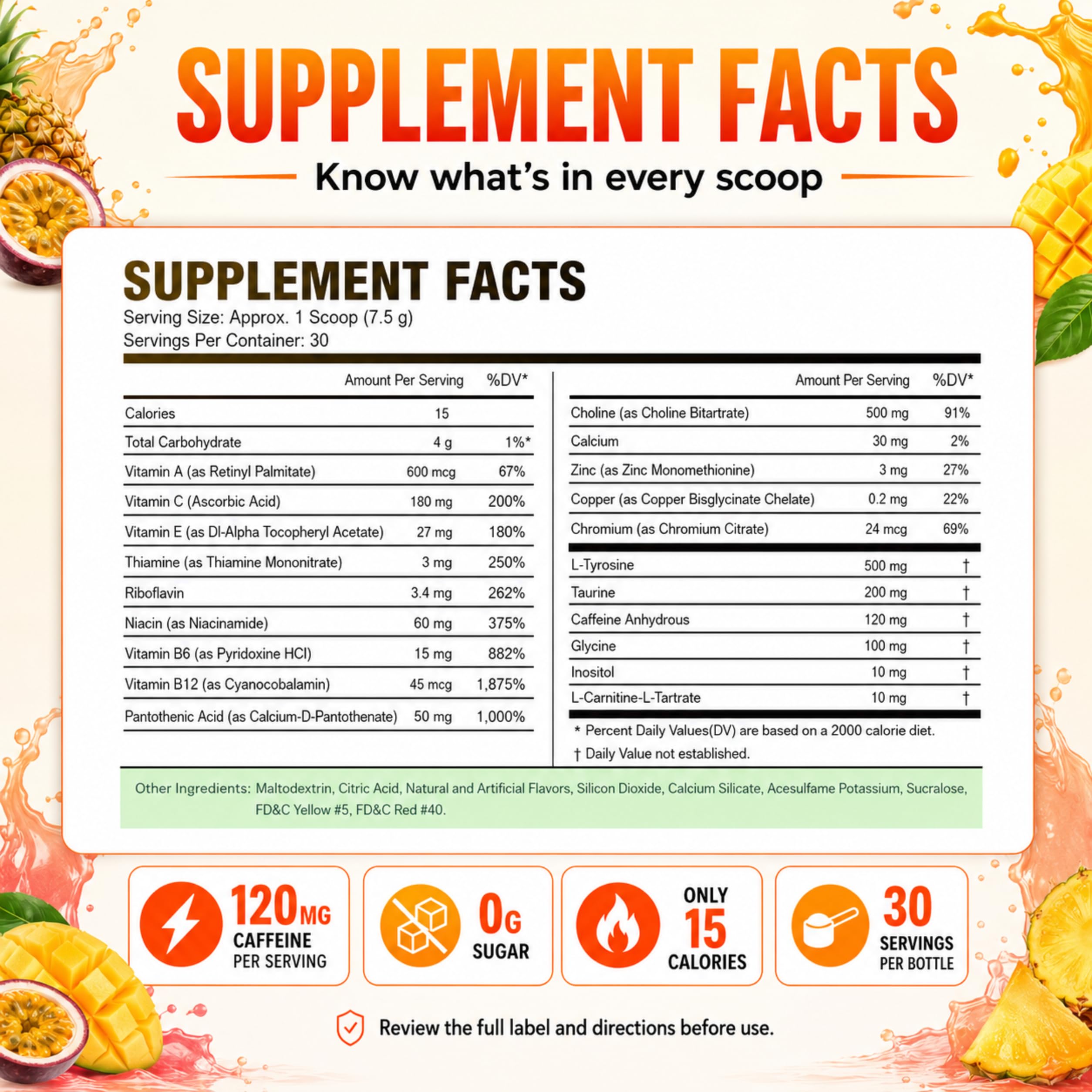 Sugar Free Energy Drink Powder - 18 Vit & Minerals, Tropical Fusion Flavor — Amazon image 2