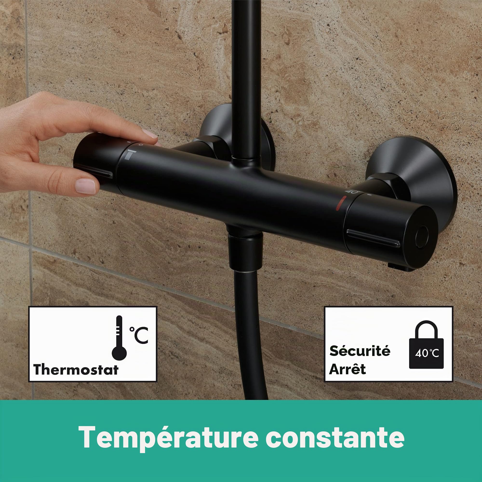 Hansgrohe tête 240mm, Noir Mat, Colonne de Douche Vernis Blend, avec mitigeur thermostatique, 1 Type de Jet, 26426670