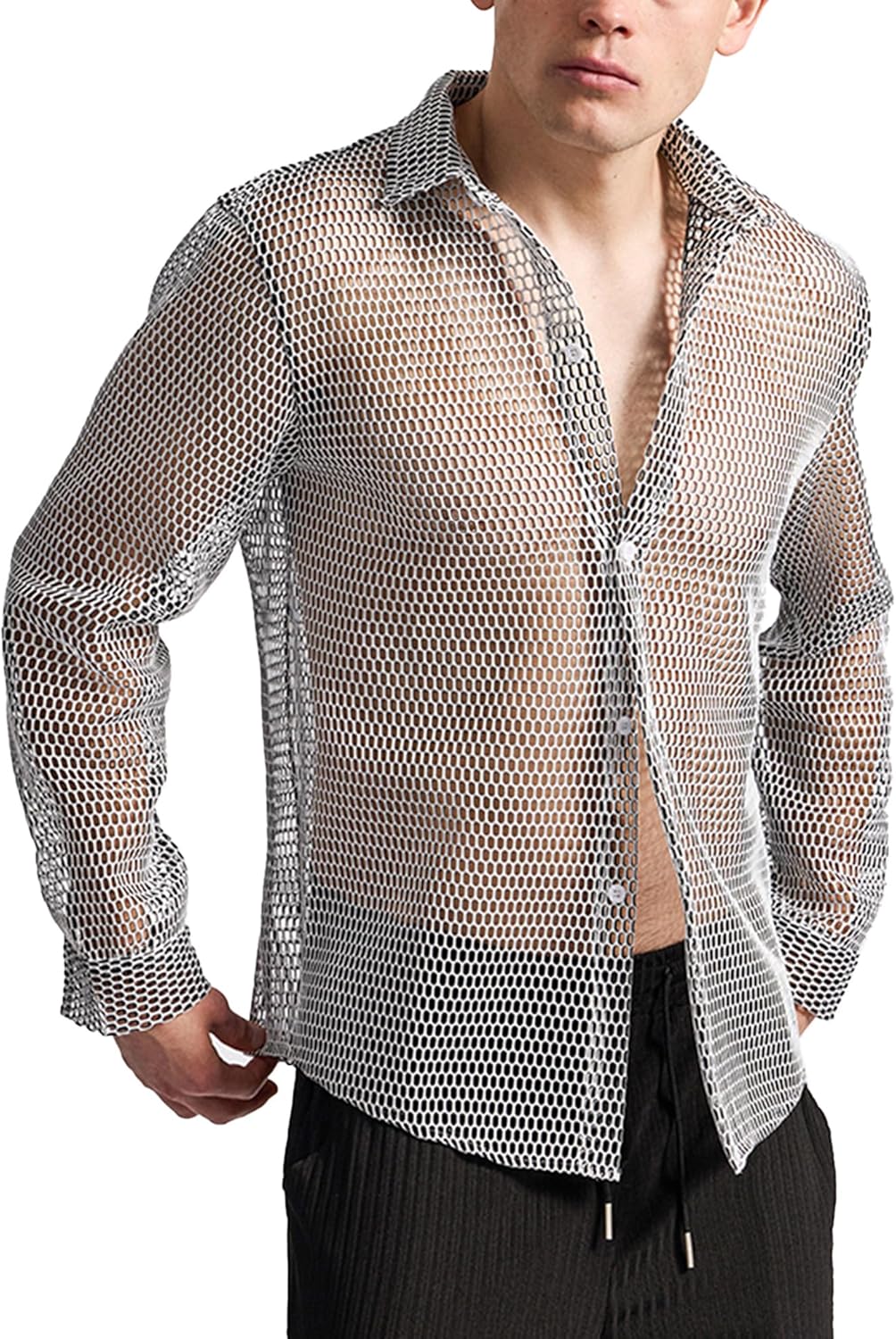 SEAUR ​​Men's Mesh Shirt​ Fishnet Top Long Sleeve Button Down Top See Through Nightclub Undershirts