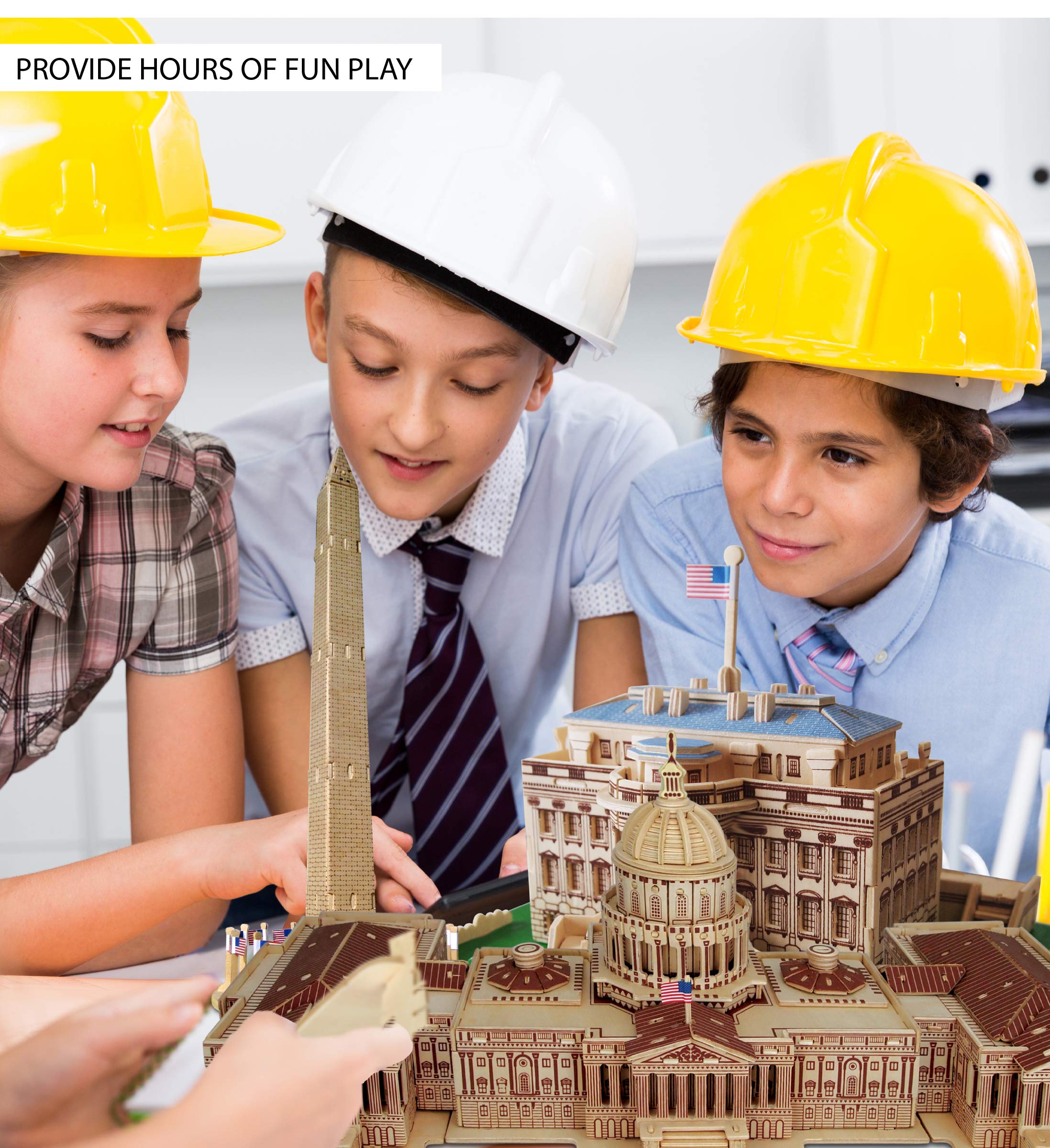Puzzled Bundle of Famous Sites: Washington Monument, The White House & US Capitol Wooden 3D Puzzles Construction Kits, Educational DIY Landmarks Assemble Models Unfinished Wood Craft Hobby - 3 Pack - Image 4