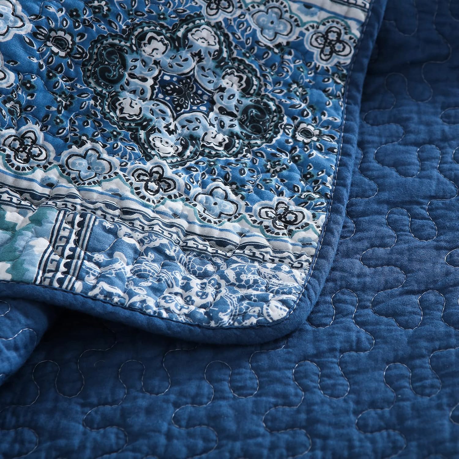 Flash Deals - 50% OFF Blue Bohemain Bedspread Quilt Queen, 100% Cotton Reversible Rustic Patchwork Printed Bedding Quilt Coverlet, 3 Pieces Boho Cotton Quilt Set for All Season Oversize Queen 90x98 inches
