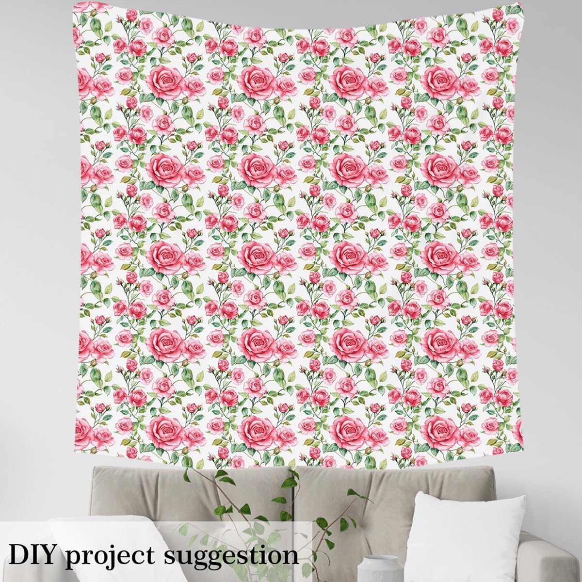 Pink Flowers Outdoor Fabric by The Yard,Garden Floral Rustic Plant Fabric by The Yard for Teens Craft Lover,Hand Painted Green Leaves Upholstery Fabric for Clothing Quilting Sewing,2 Yards