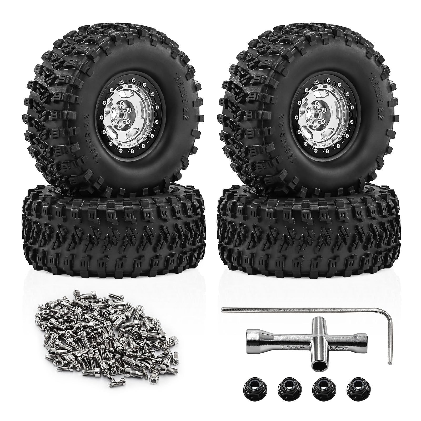 4 szt. 5.1 cm stop aluminium Beadlock koła opony piasta sześciokątna 12 mm RC części zamienne do 1/8 1/10 CROSSRC Yikong AXIAL SCX10 TRAXXAS TRX4 MJX H8H Crawler RC Car (srebrny 135 x 55 mm)