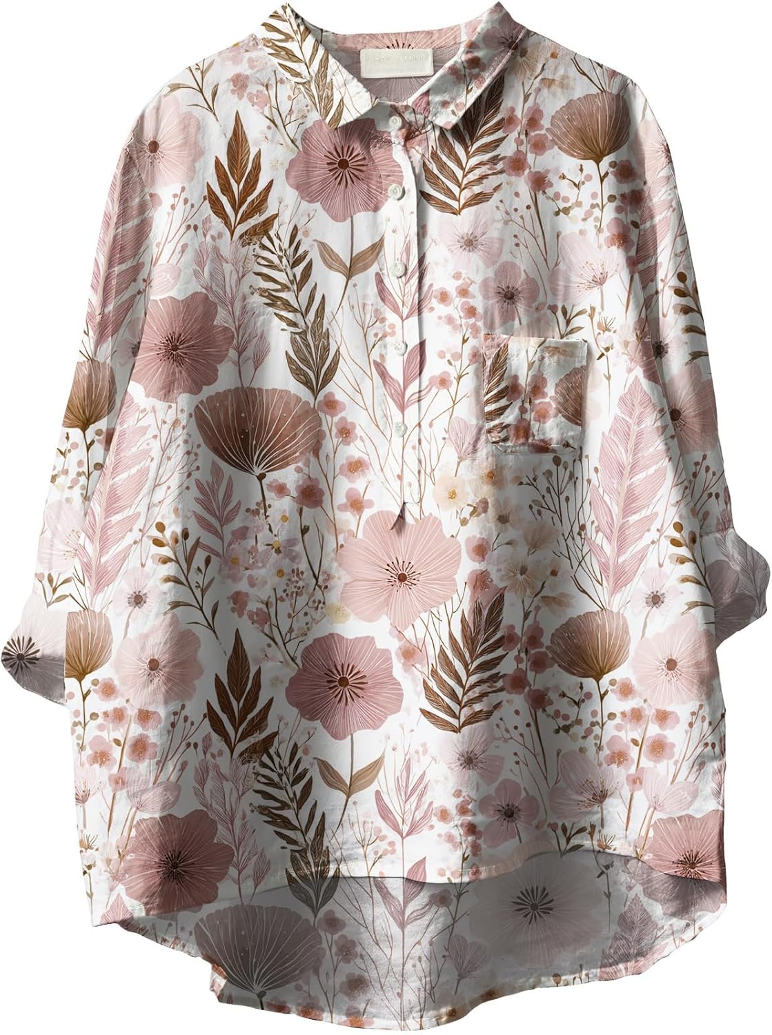 Women Boho Floral Tunic Tops Hawaii Button Down Shirts 3/4 Sleeve V Neck Blouses Casual Dressy Tshirt Plus Size