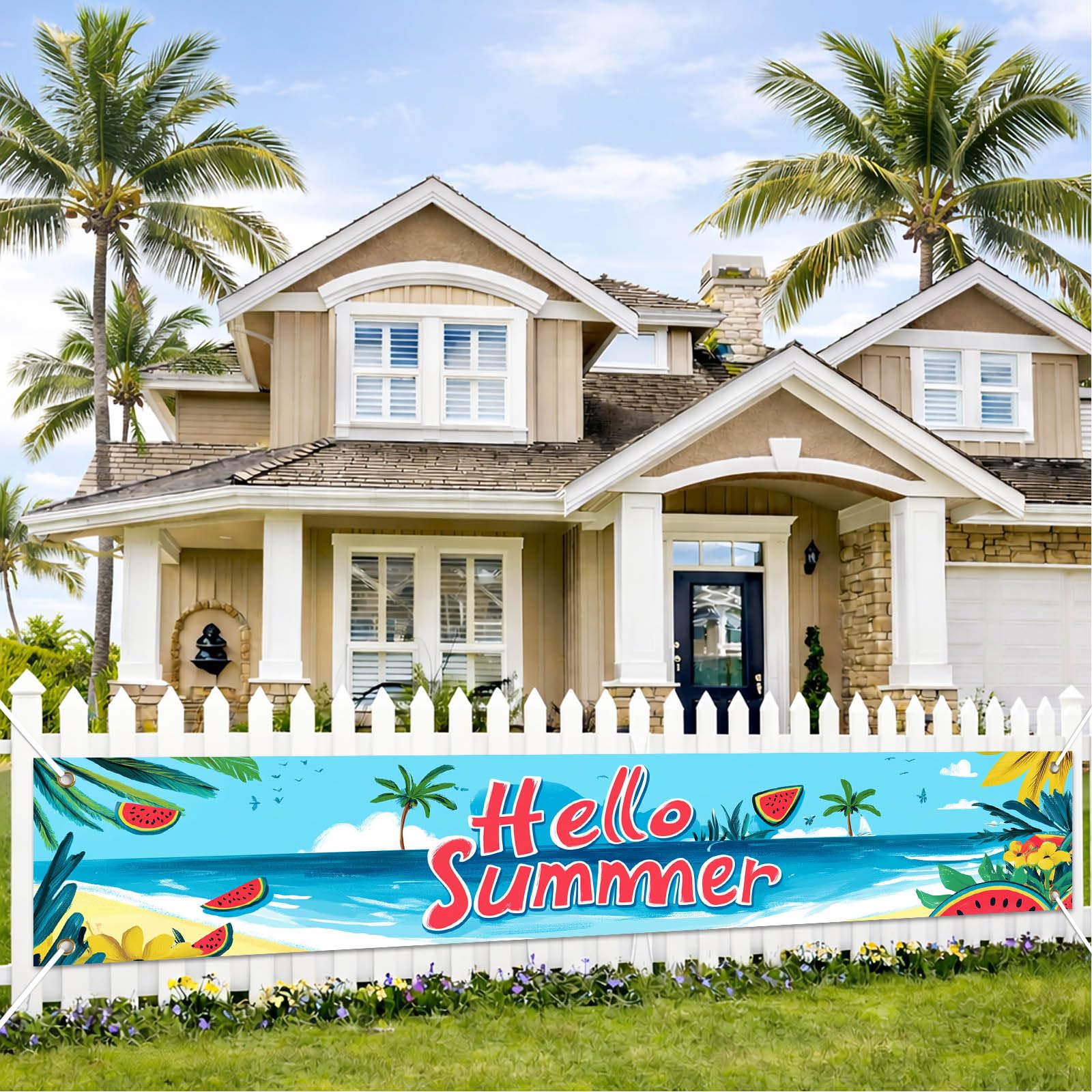 BlissYard Hello Summer Beach Banner 118 x 20 inch Outdoor Indoor Fence Decorations Banner Large Size Beach Watermelon Party Supplies Yard Sign