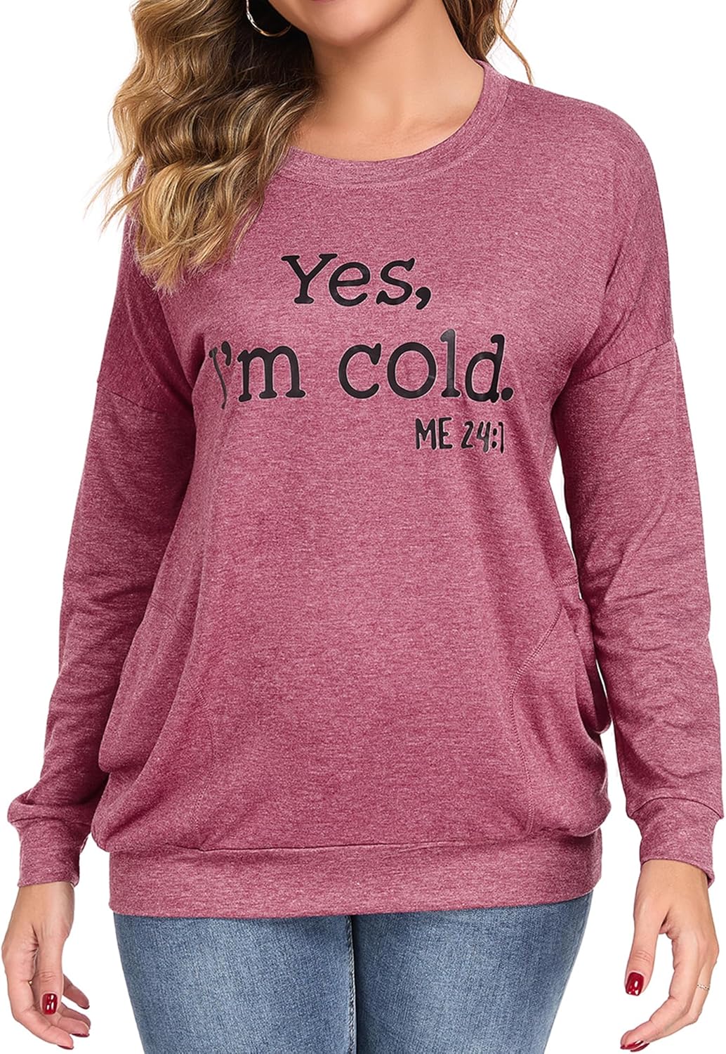 Womens Yes I'm Cold Sweatshirts with Pockets Crewneck Long Sleeve Graphic Loose Shirts Funny Casual Sweatshirt Tops