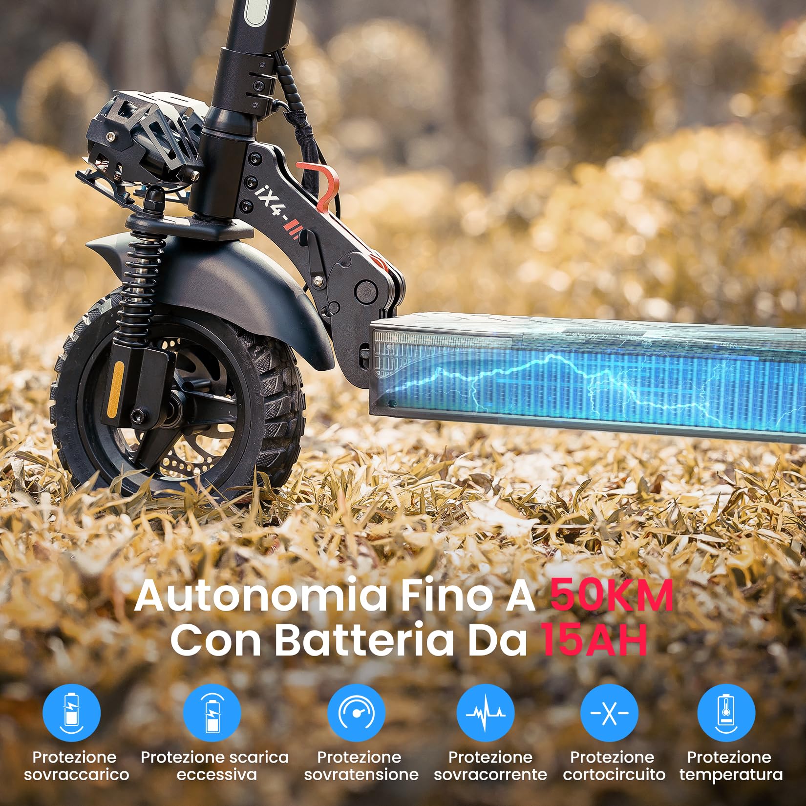 iScooter iX4 Monopattino Elettrico Adulto, Batteria da 15AH, Autonomia Massima di 50 KM, 10" Monopattino Elettrico Pieghevole, App, Carico 150 KG, Manubrio Regolabile, Sospensione Quadrupla