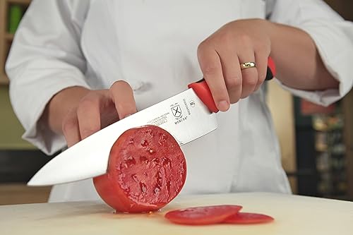 Vista 143 de Mercer Culinary Millennia Colors - Cuchillo Santoku, borde Granton de 7 pulgadas, color rojo