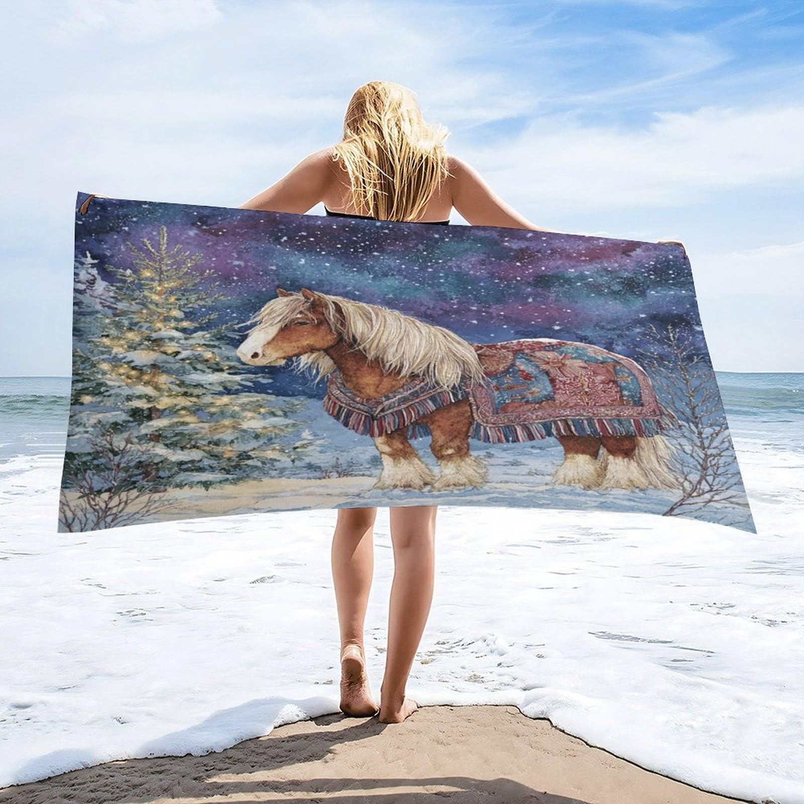 Luyysky Vintage Modern Animal Horse Absorbent Beach Towel, Watercolor Christmas Starry Sky Xmas Tree Cowboy Theme Wildlife Horse Outdoor Single-Sided Velvet Beach Towel-80 W Cm X 160" L Cm
