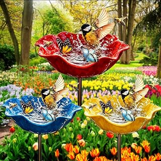 Metal Flower Garden Stakes Bird Bath, Bee Water Station, Bees Baths for Outdoors Metal Bee Water Feeder with Petal-Shaped, 6" W 24" H Flower Bird Bowl for Garden Yard Lawn Decor(3-Color Set1)