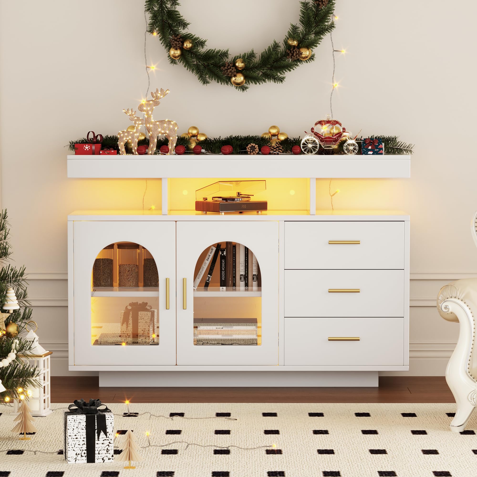 Komoda, kredens z dużą ilością miejsca do przechowywania, szafka bufetowa z oświetleniem w 16 kolorach, szafka z szufladami do salonu, biała, 120 x 40 x 80 cm