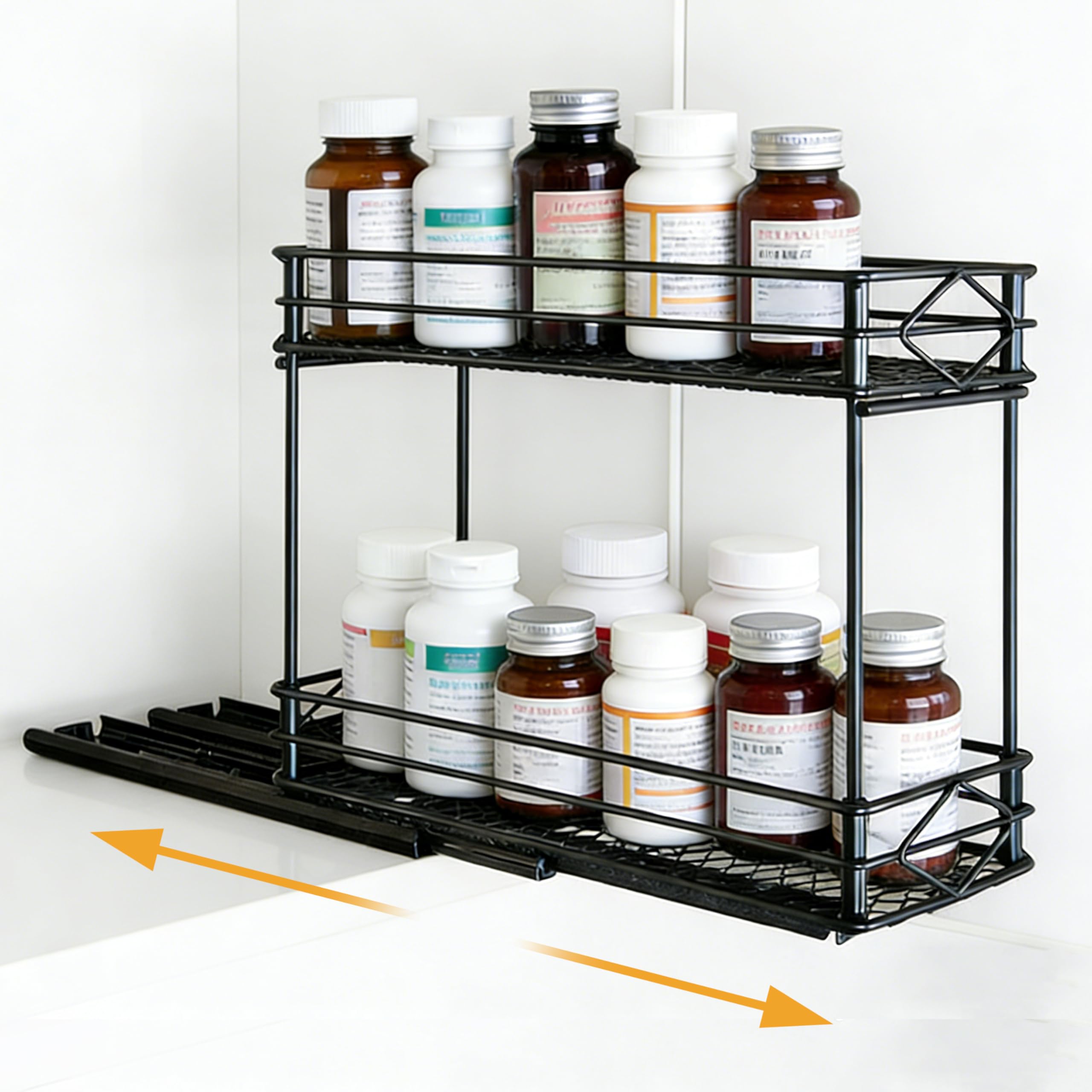 Étagère à 2 niveaux pour bouteilles de médicaments, organiseur de bouteilles de pilules, étagère de rangement en métal avec tiroir, étagère coulissante peu encombrante pour médicaments