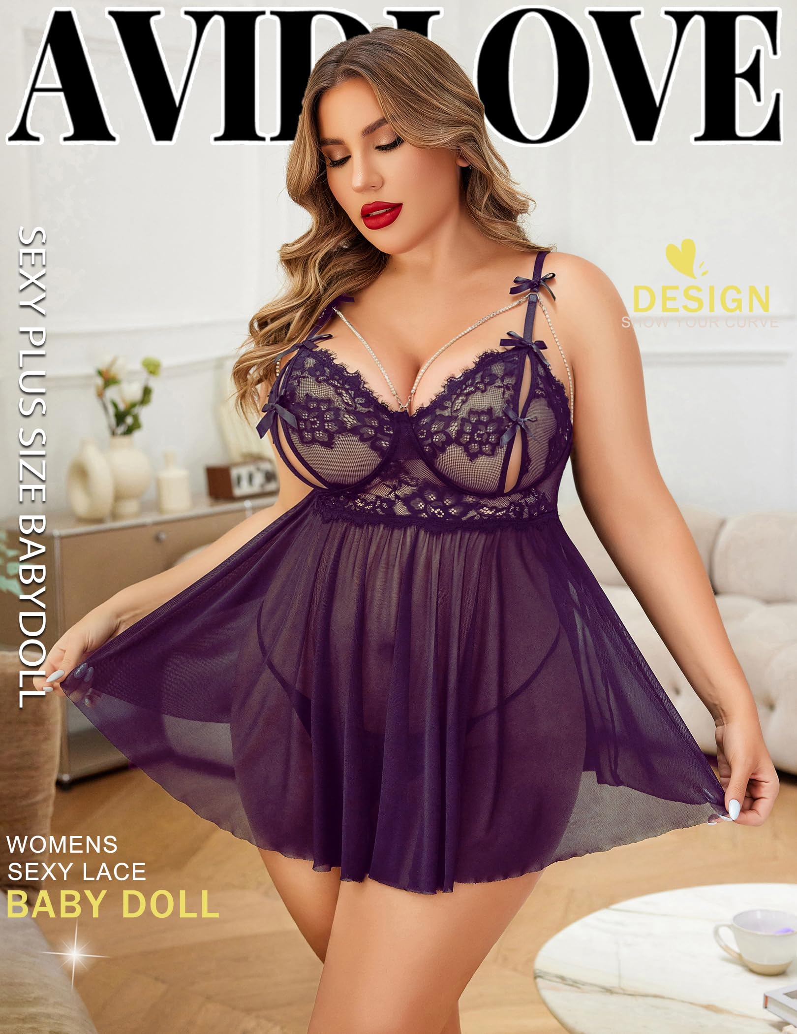 Avidlove Plus Size Lingerie Womens Lace Babydoll Sexy Chemise Sleepwear V Neck Nightgown Mesh Sleepwear Nighty L-5XL