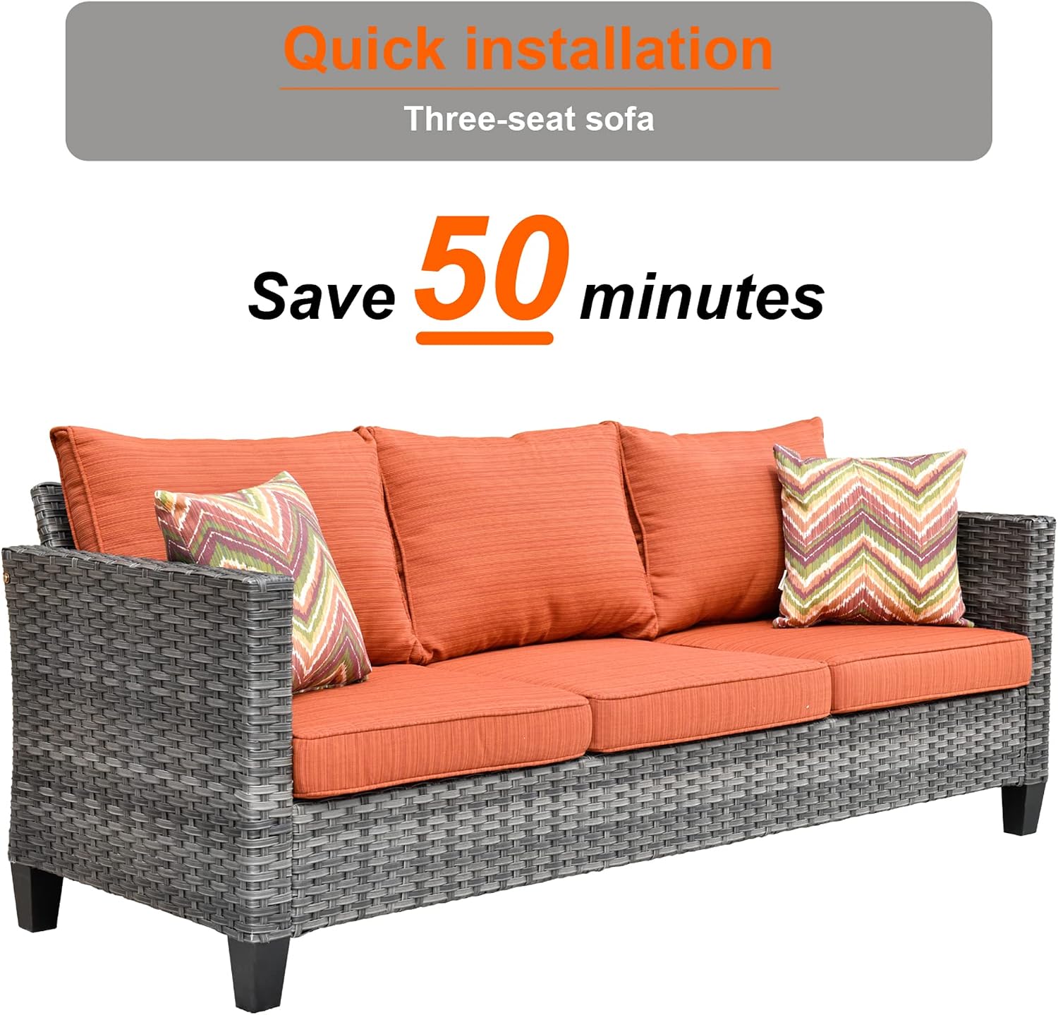 HOOOWOOO Outdoor Patio Furniture Set with Large Propane Fire Pit Table,7 Piece Modern Wicker Sofa Couch Set w Swivel Chair, Outside Weather Resistant Conversation Seating Set w Ottoman(Orange Red)
