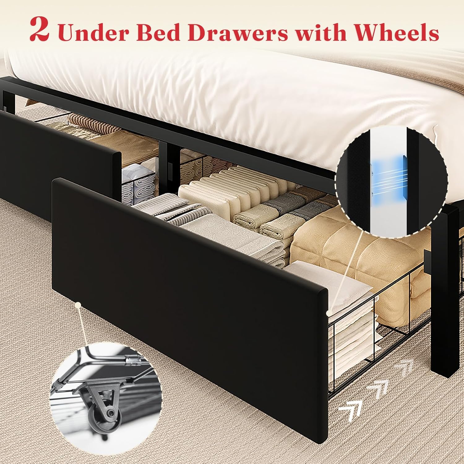 Queen Size LED Bed Frame with Upholstered Headboard, 2 Drawers & 2 Movable Storage Cabinets, Platform Bed with Charging Station, No Box Spring Needed, Easy Assembly, Black
