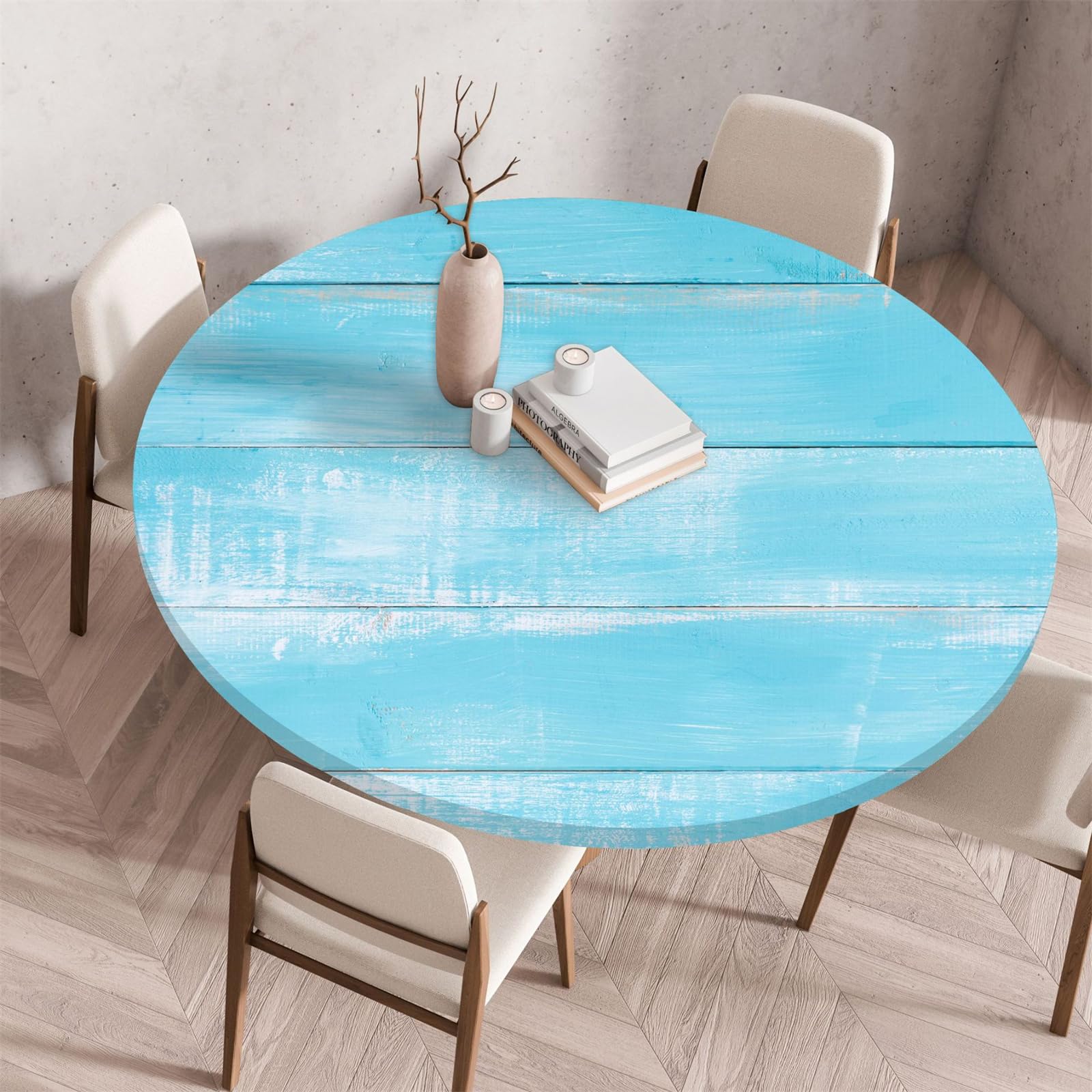 Muiuou Round Tablecloth, Wood Texture Printing Reusable Waterproof Oil-Proof Elastic Round Table Cover Cloth, Fitted Kitchen Restaurant Picnic Home Decoration