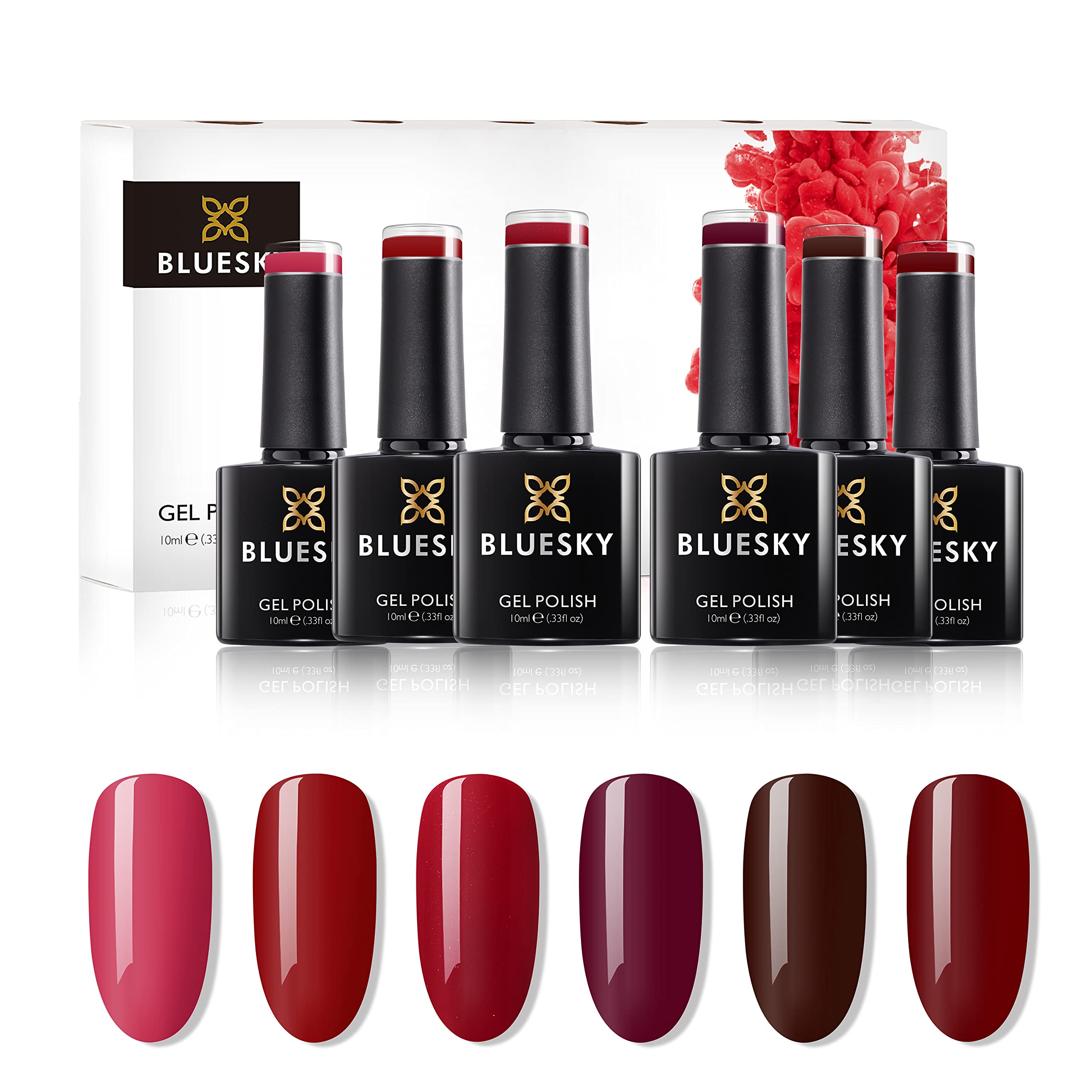 BLUESKY Gelnagellack Set | 5/6 UV Lacke zum Preis von 4/5 | Gel-Nagellack für glänzende und schöne Nägel | langer Halt von bis zu 3 Wochen (BLUESKY Ruby Red 6er Set)