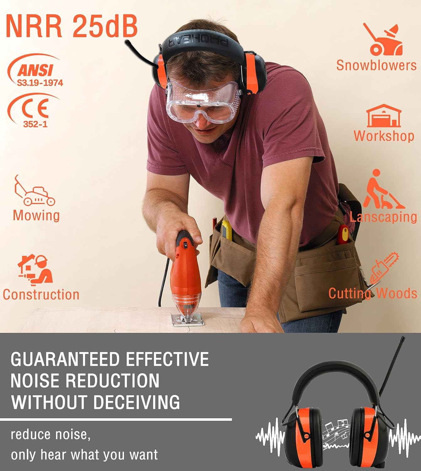 PROHEAR 033 2.0 Upgraded Bluetooth Hearing Protection AM FM Radio Headphones - 31SNR Noise Reduction Ear Muffs with Long-Lasting Stable Rechargeable Battery - 50 Hrs for Mowing Snowblowing - Orange - Image 5