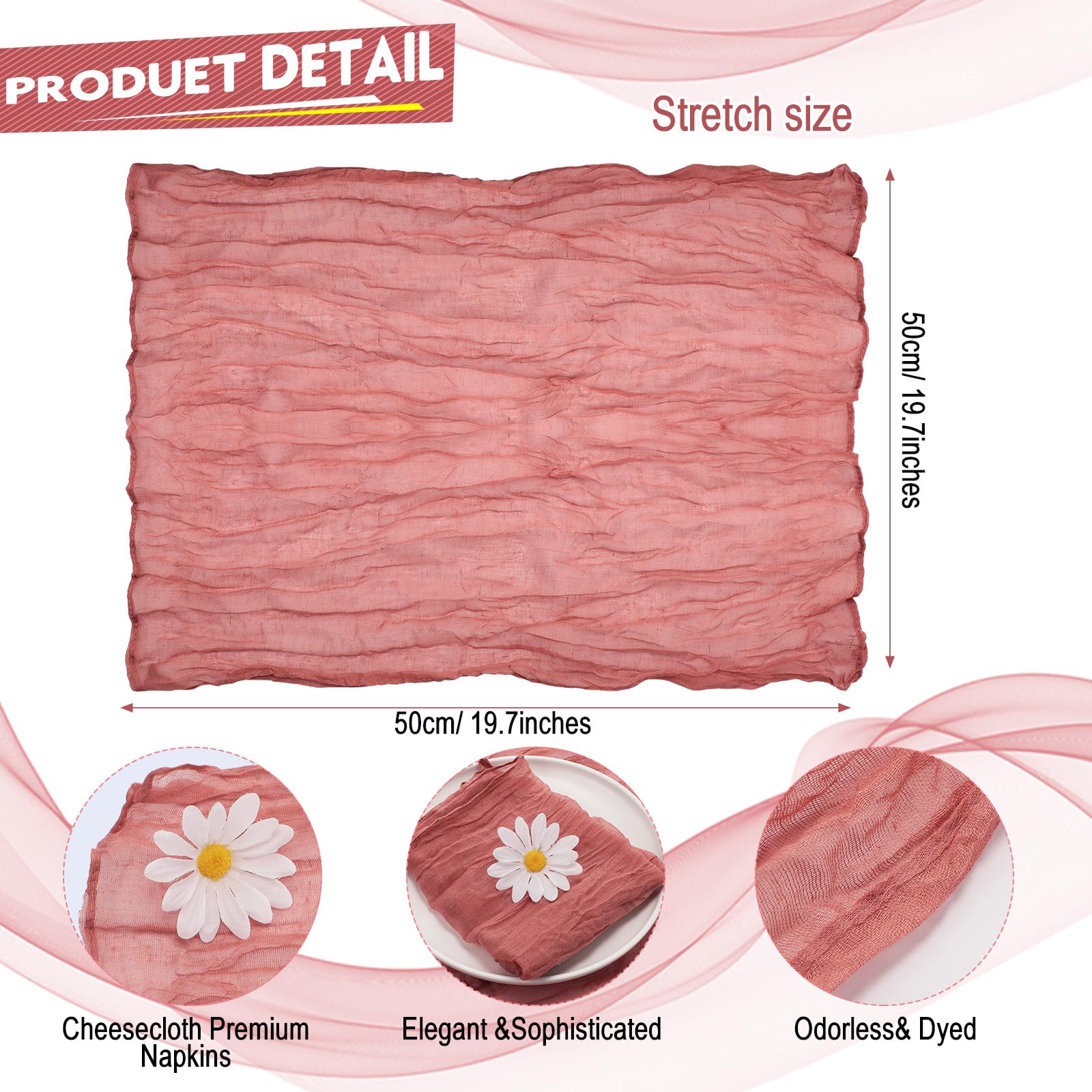 Mixweer 54 Pack Cheesecloth Napkins 20 x 20 Inch Washable Gauze Napkins Wrinkled Boho Cotton Dinner Table Decor for Wedding Bridal Baby Shower Birthday Party Easter(Pink)