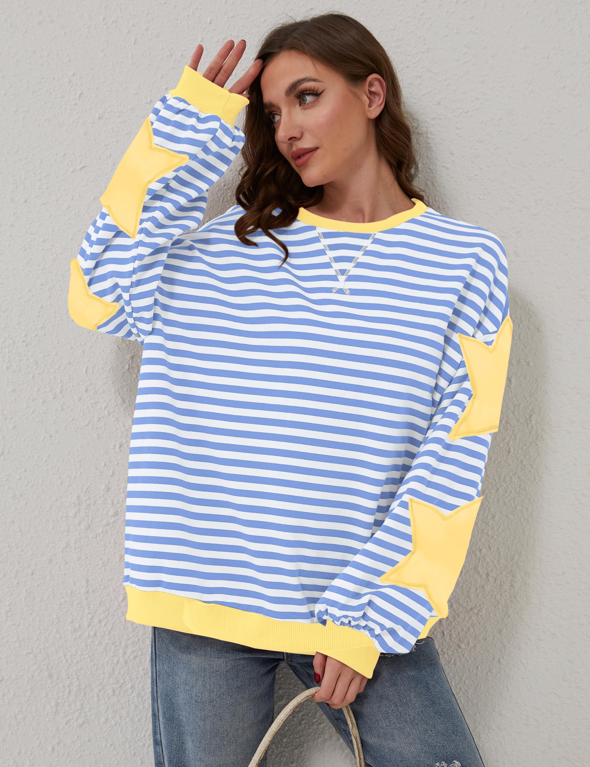 Teriveek Damen-Sweatshirt, Oversize, gestreift, Farbblock, langärmelig, Rundhalsausschnitt, lässig, locker, Y2K-Shirt