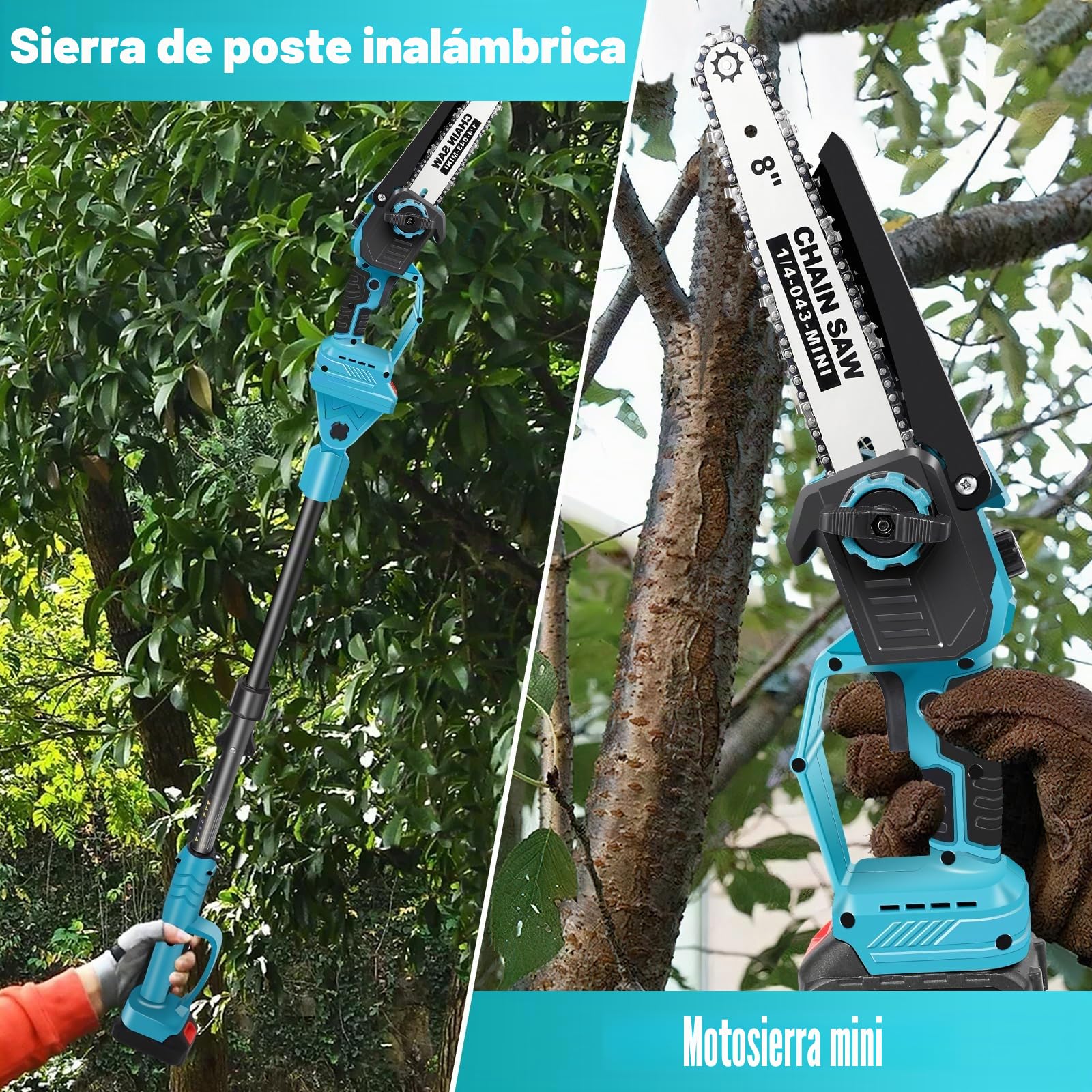 Podadora inalámbrica 2 en 1 y mini motosierra de 8 pulgadas con 2 baterías de 6000 mAh y cargador, motor sin escobillas, barra telescópica de 2,8 m, para árboles y ramas altas (2 baterías de 6000 mAh)