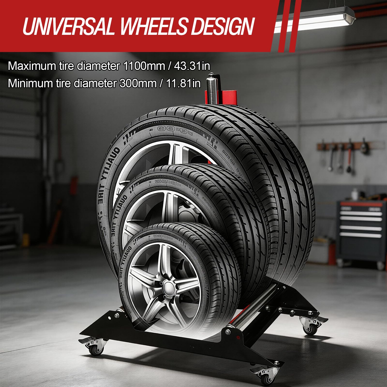 Felgenständer mit Laufrollen, 4 Universalrollen & 3-Rollen-Design & Höhenverstellung Reifenständer aus Stahl - Detailing Wheel Cleaning Ständer für Reinigung Polieren und Wartung von Rädern