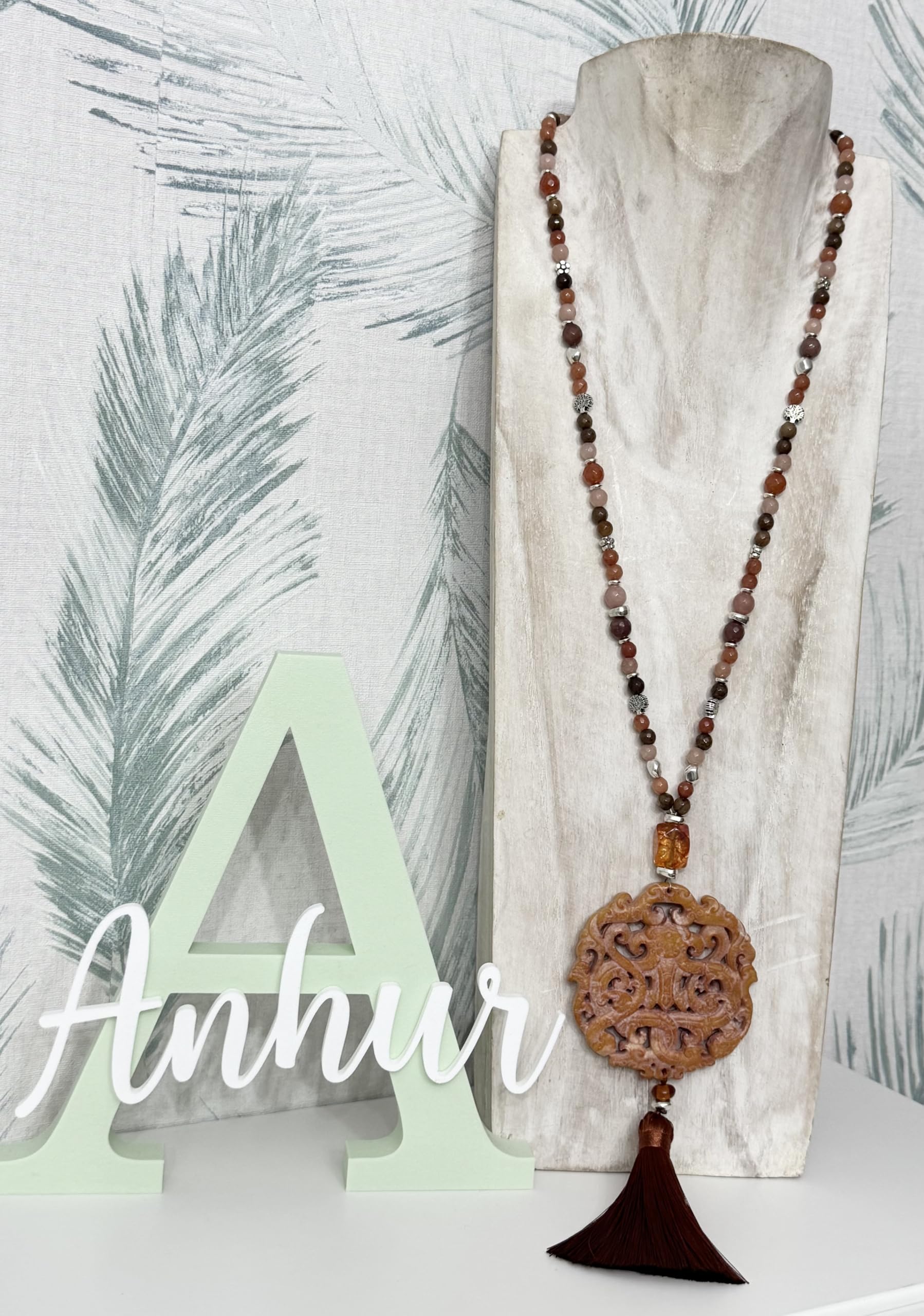 Anhur Collar Jade Naranja Marrón con Ágatas Piedras Naturales en Camel Teja Marrón Naranja Colgante Jade Mujer largo Boho Chic