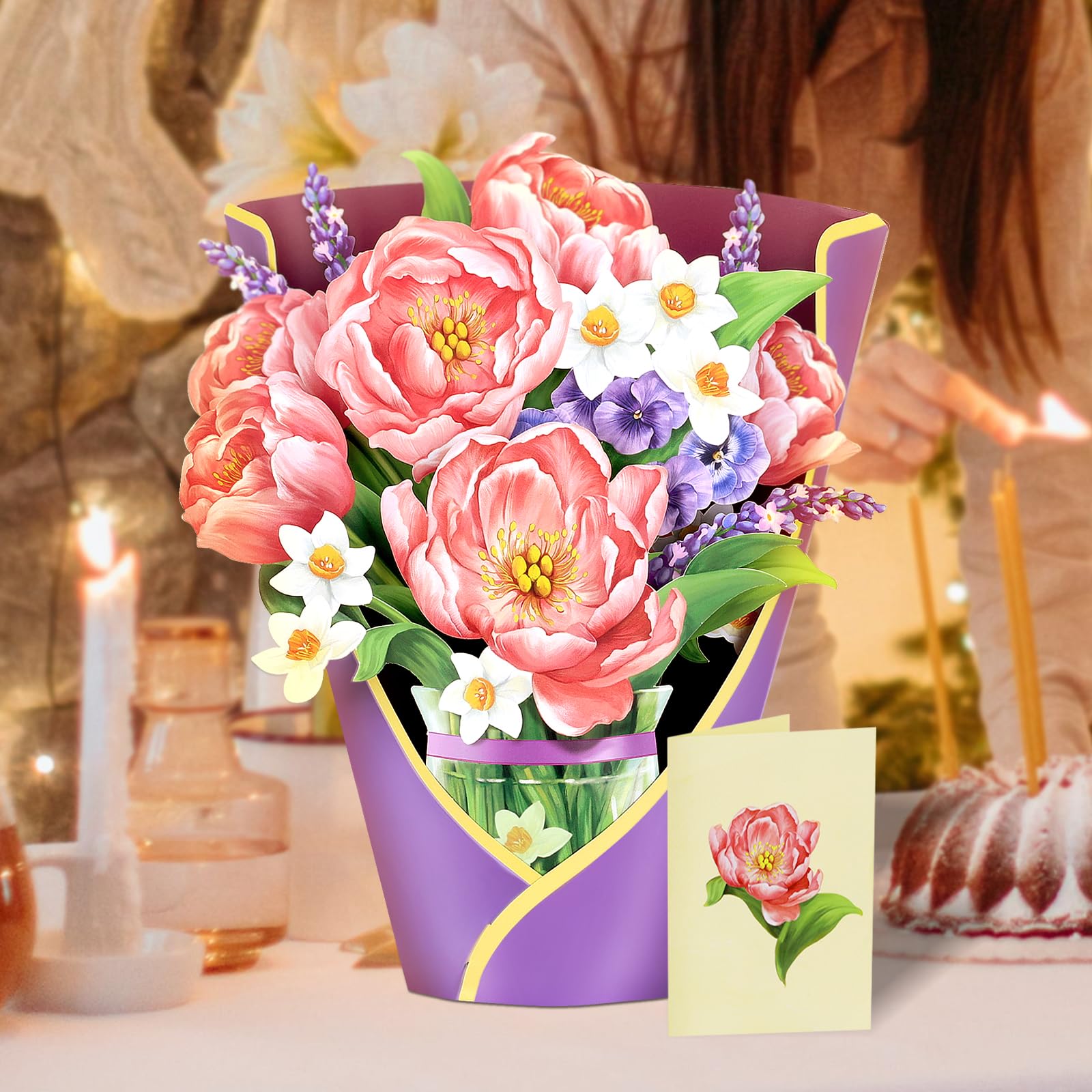 Airpark Papier Pop Up Bouquet Karte Rosa Pfingstrosen Blume Grußkarten 30,5 cm Forever Flower Papier 3D Popup Karten mit Notizkarte und Umschlag für Weihnachten Urlaub Geburtstag Muttertag AP-HK-P