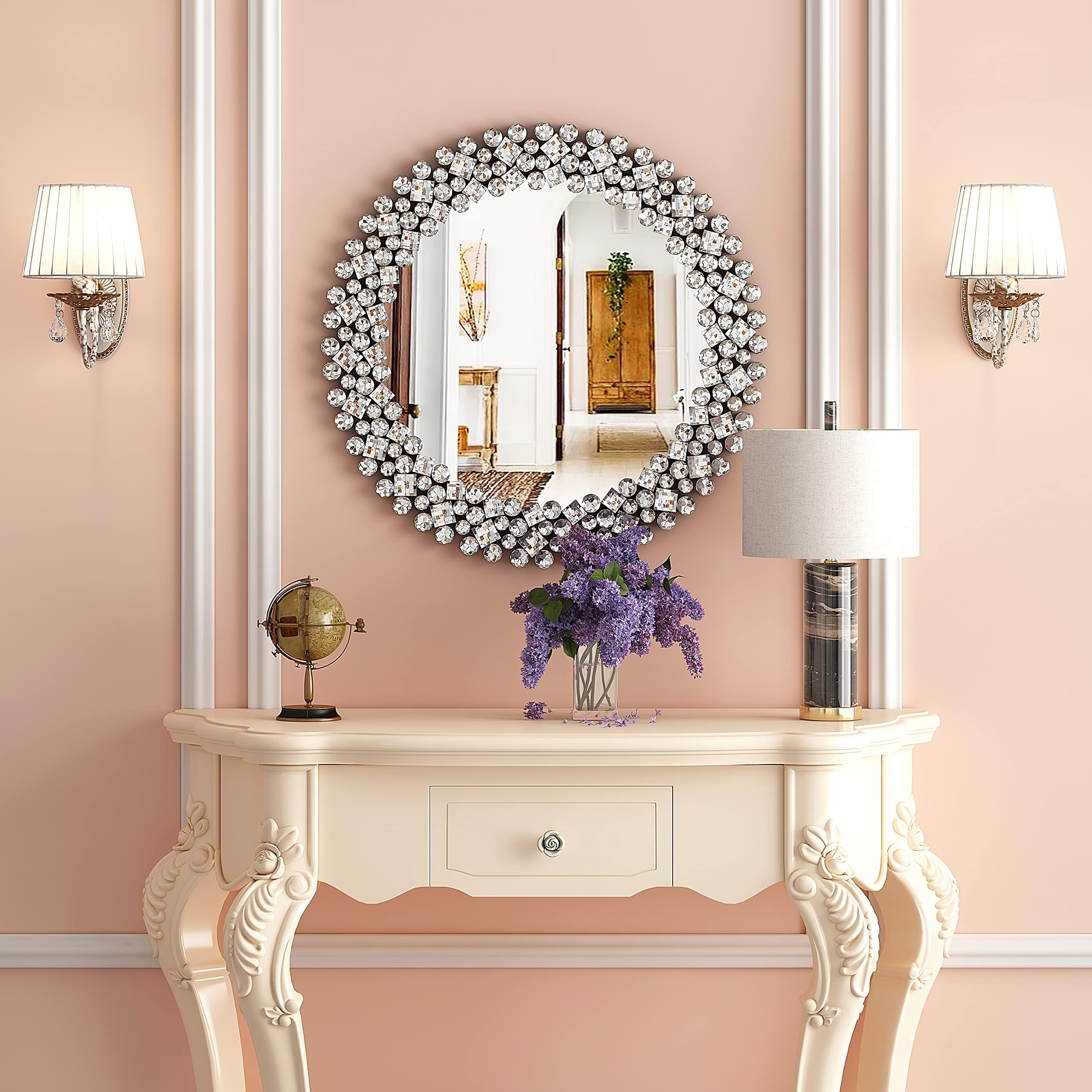 SHYFOY Espejo redondo de pared moderno con borde de joyas de cristal | Espejo redondo de lujo para baño, lavabo, salón, dormitorio, entrada | 60 x 60 cm