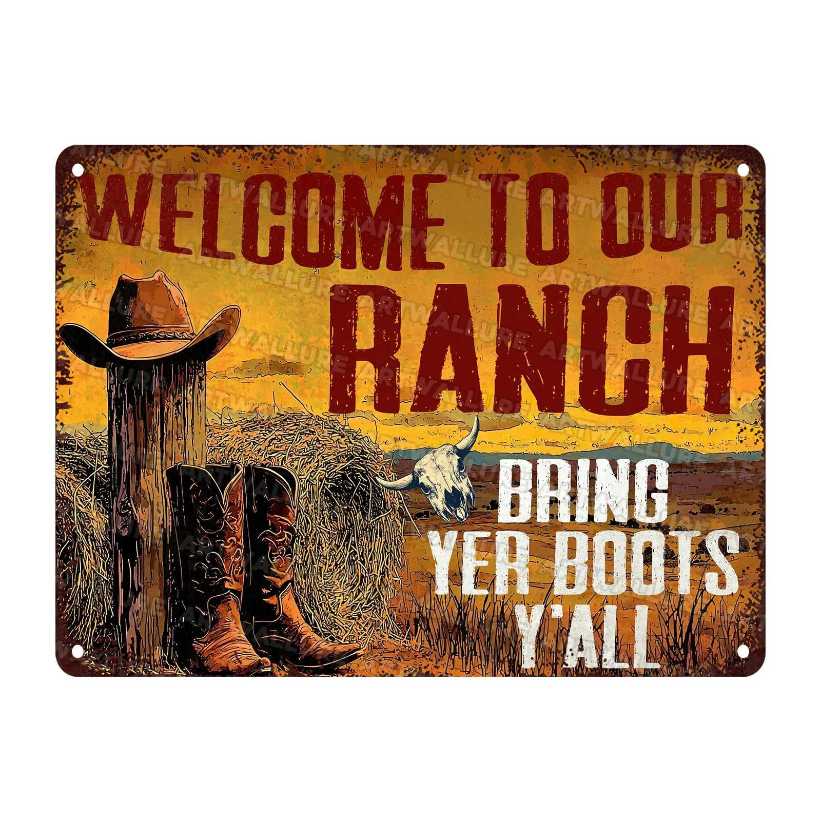 Metal Welcome To Our Ranch Farmhouse Vintage Sign Western Decoration and Country Home for Animal Farm Cowboys Decor 12x16Inch