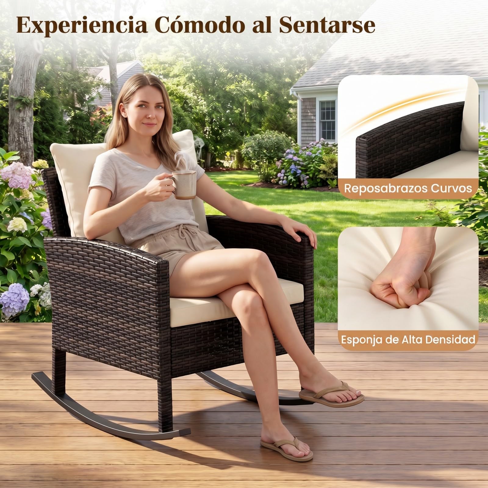 COSTWAY Conjunto Jardin Exterior de Ratán de 3 Piezas, Set de Mesa de Centro de Cristal Templado con 2 Sillones Mecedores, Cojines Suaves y Fundas Lavables, Muebles de Jardín para Terraza (Beige)