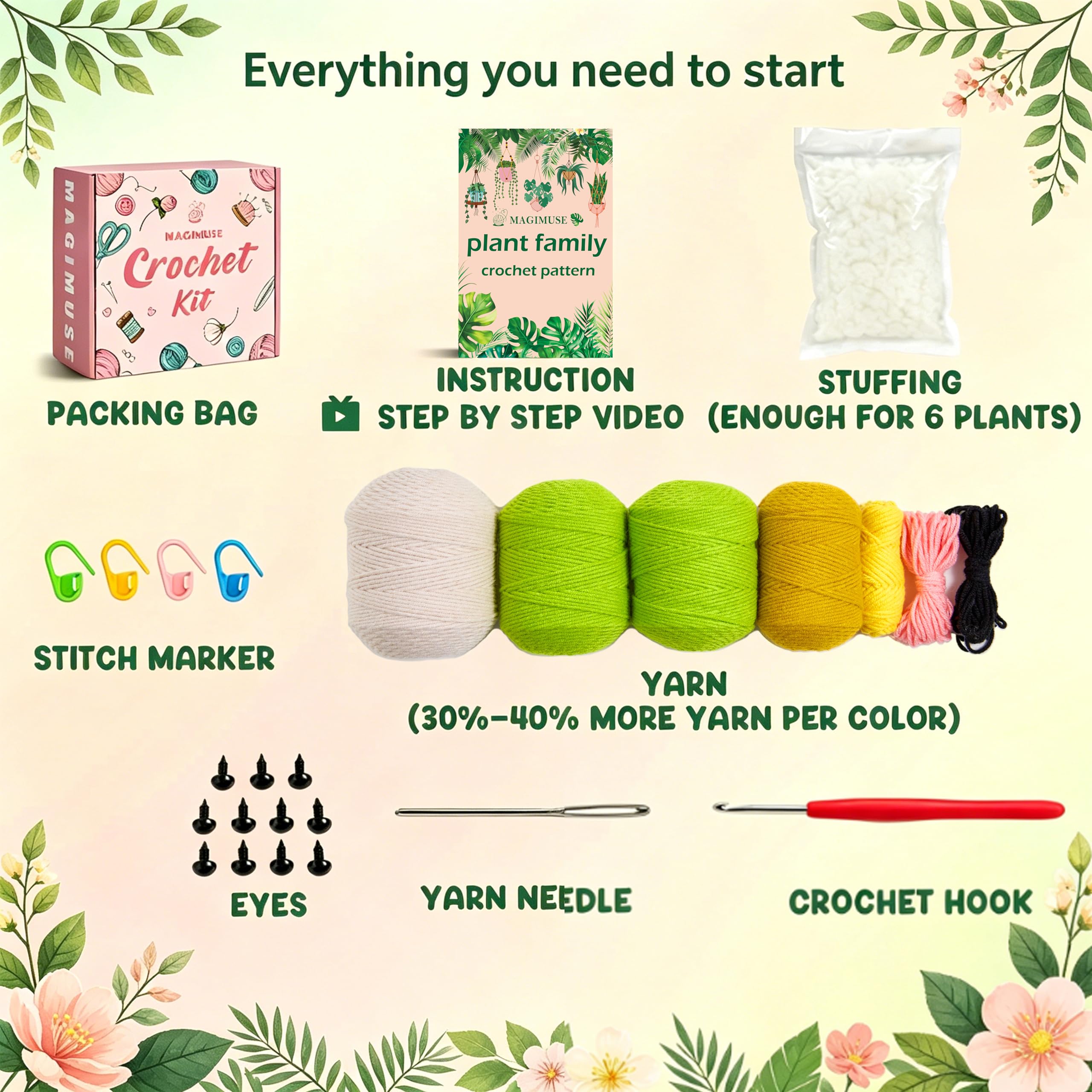 MAGIMUSE Kit de ganchillo para principiantes, kits de inicio de ganchillo para adultos, kits de ganchillo para tejer amigurumi, juego de hilo con tutoriales en video paso a paso, familia de plantas