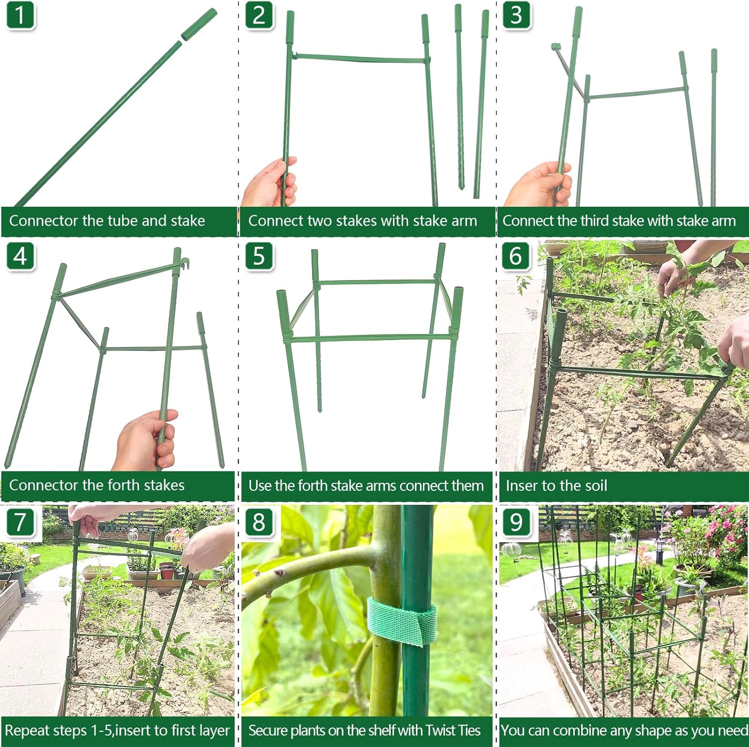 6Pack 12" Width Up to 48" Height Adjustable Square Tomato Cages for Garden, Plant Support Stakes for Climbing Vegetable, Tomatoe, Flower, with Twist Ties Snap-On Stake Arms