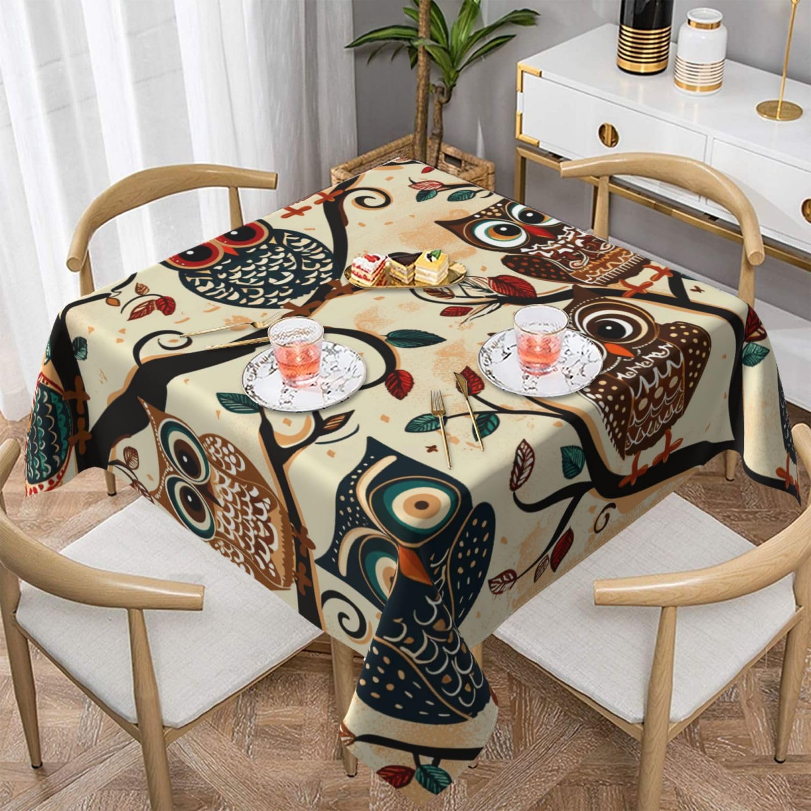 WPKJU Owls on Tree Branches Printed Square Tablecloth 54x54 inch Water Resistant Table Cover Washable Rectangle Table Cloth for Dining Tables