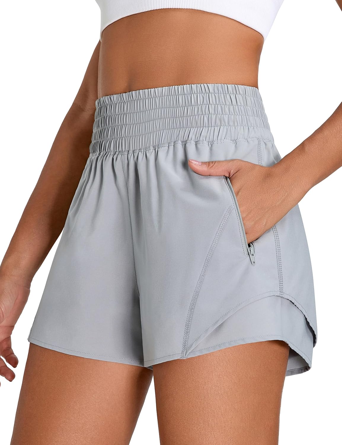 BMJL Women's Athletic Shorts High Waisted 2.5" Running Short with Zipper Pocket Sporty Yoga Gym Workout Shorts(L,Light Grey)