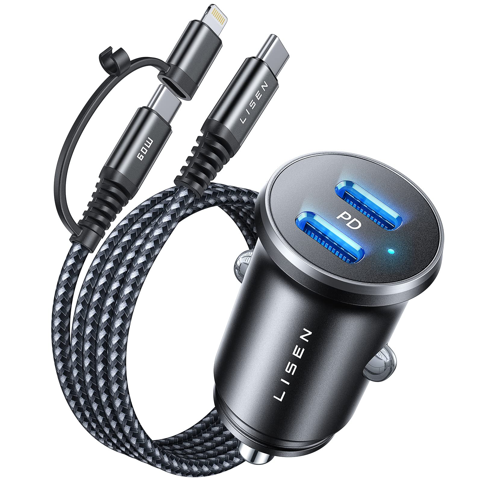 USB C Car Charger-LISEN [Dual PD 30W Fast Charging] Type C Car Cigarette Lighter USB Charger [2 in 1 Nylon C to C/C to L Cable] iPhone Car Charger Adapter for iPhone, Samsung, iPad,（台湾同城商品）