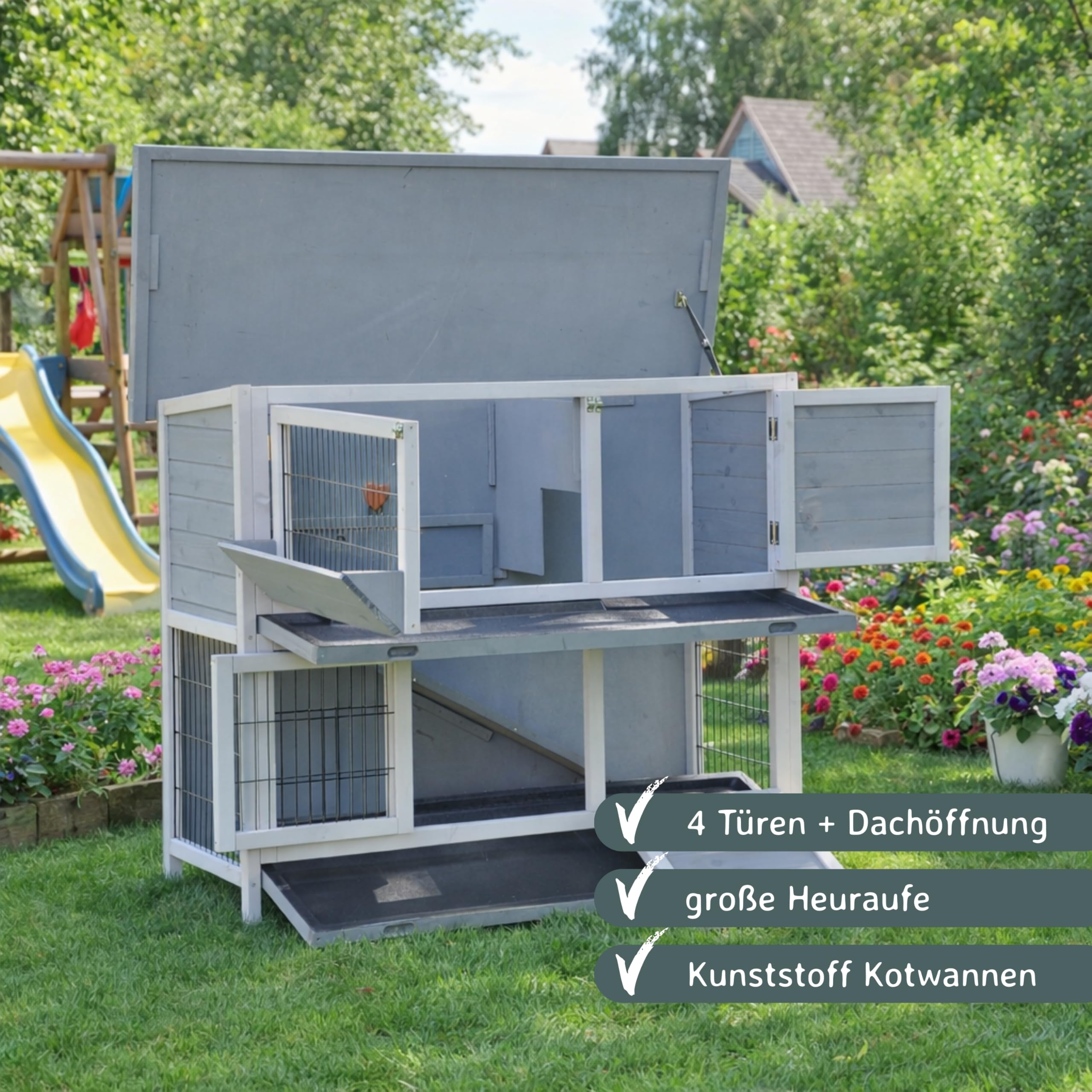 Kaninchenstall Hasenstall Meerschweinchen Kleintierkäfig Bommel grau, mit Heuraufe, wetterfest, 122 x 50 x 103 cm