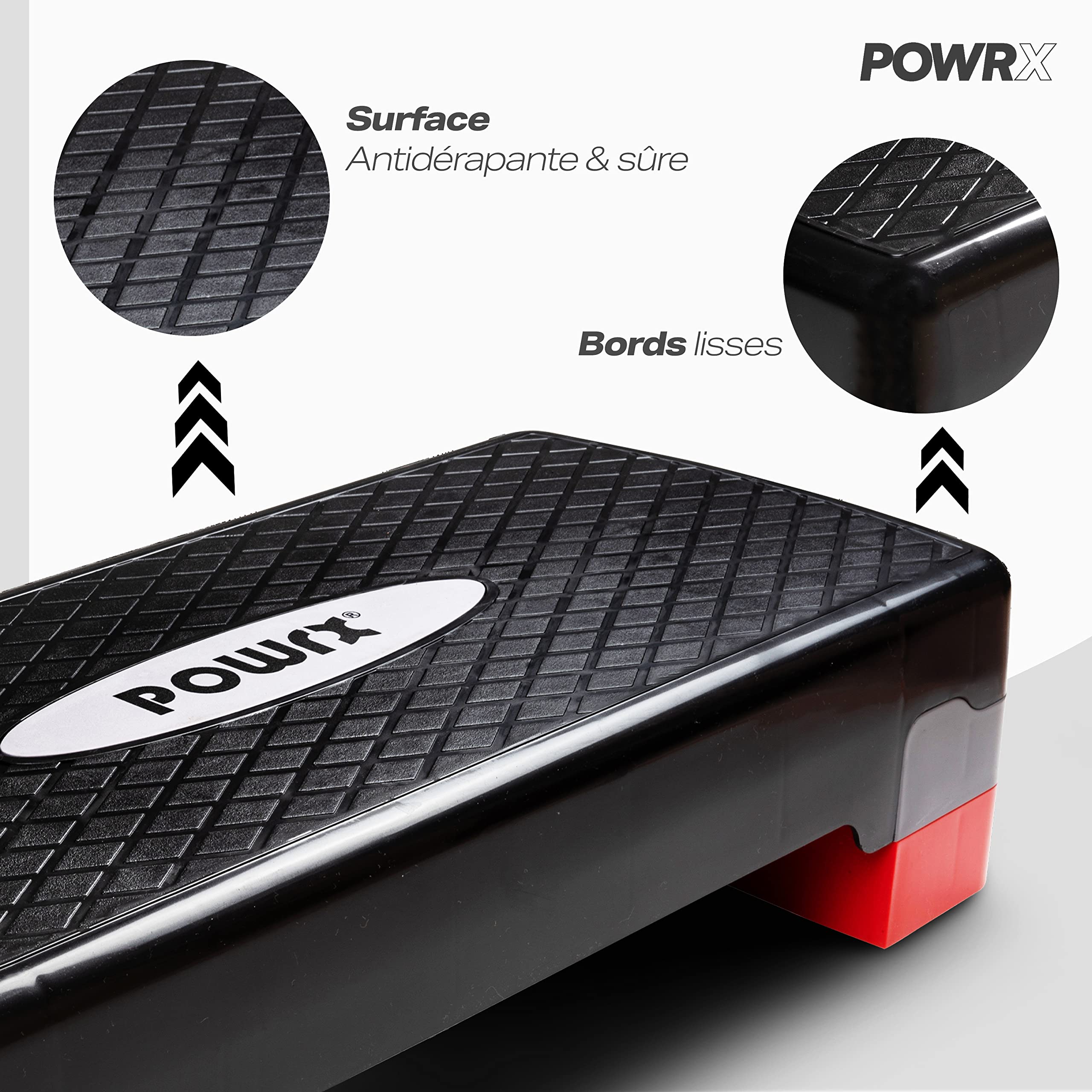 POWRX Step Aerobic (68 x 28,5 cm) - Stepper de Fitness idéal pour Les Exercices à Domicile - Hauteur réglable et Surface antidérapante (Noir/Rouge)