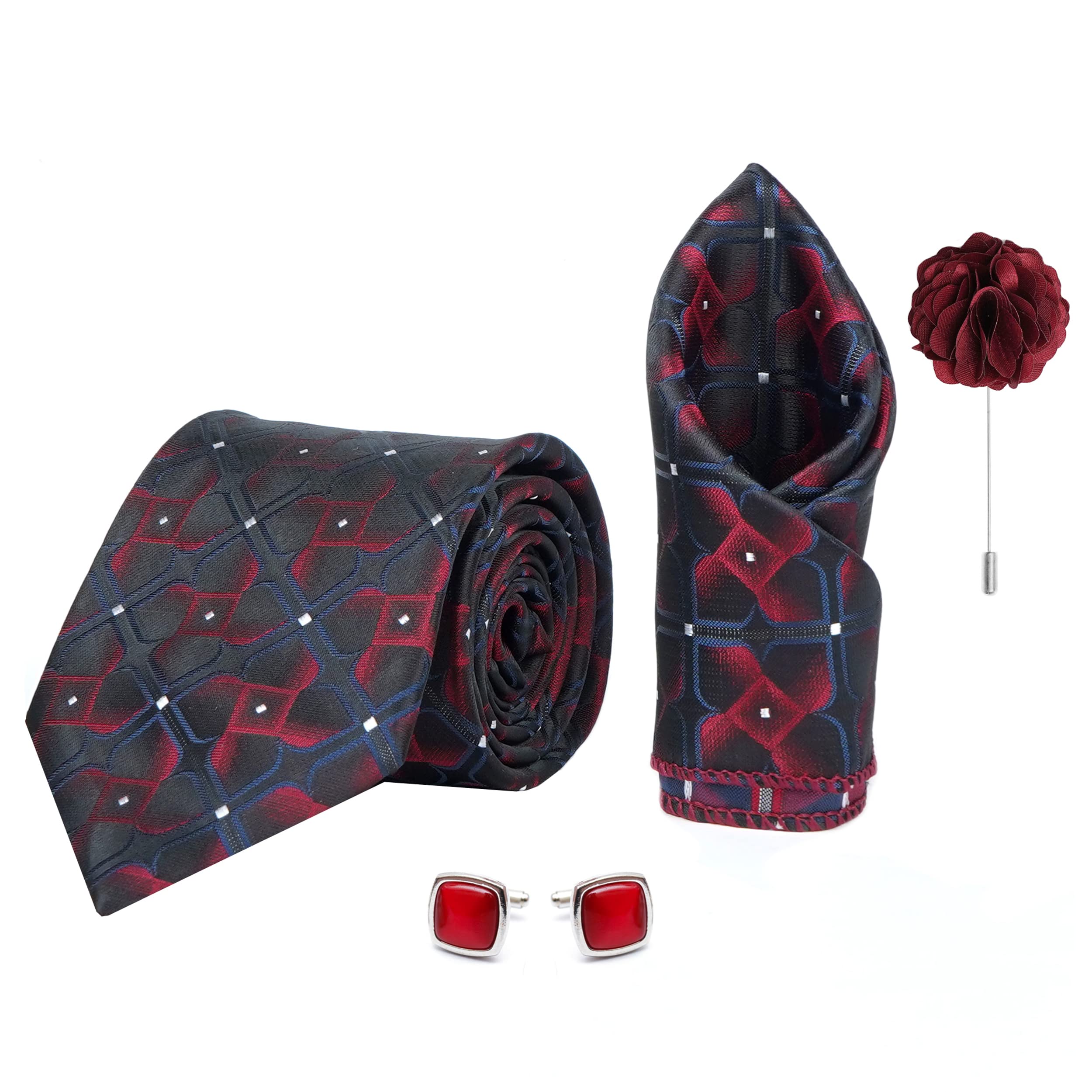 Men's 3D Micro Wooven Silk Necktie Gift Set With Pocket Square Cufflinks & Brooch Pin Tie for Men Formal Tie Set with Box (Pack of 4) (AX11_4, Blue Wine)-image-41