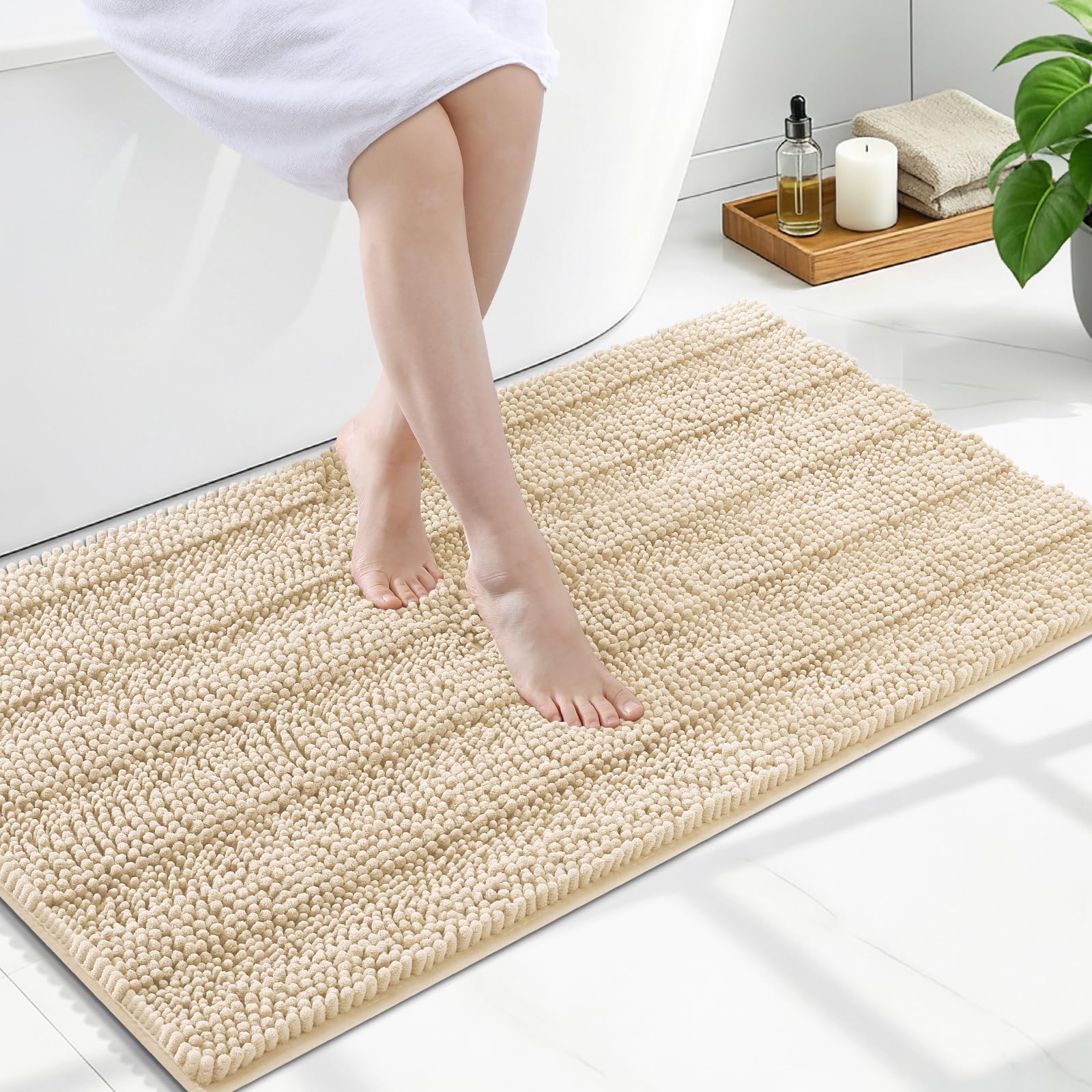 Grandaily Chenille Bathroom Rugs 47x24, Soft Bath Mats, Light Beige