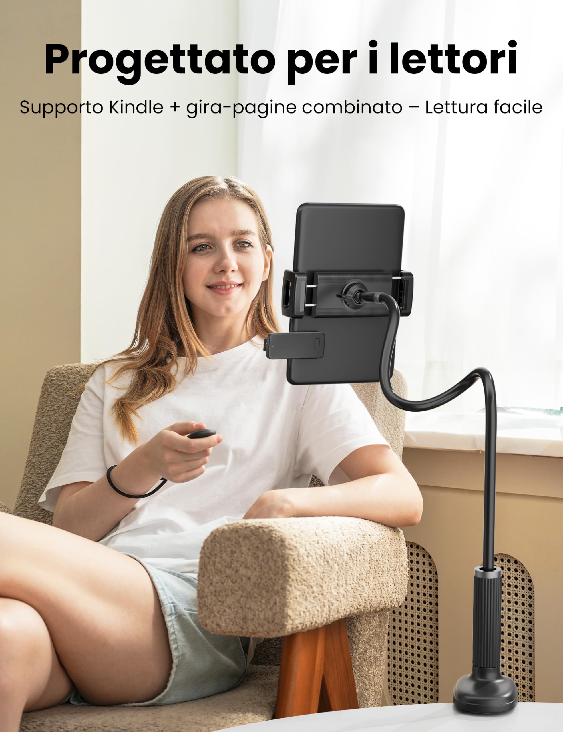 VOLTIFYMAX Supporto per Tablet con Gira Pagine Kindle, Braccio Regolabile a Cigno 4.7''-11''