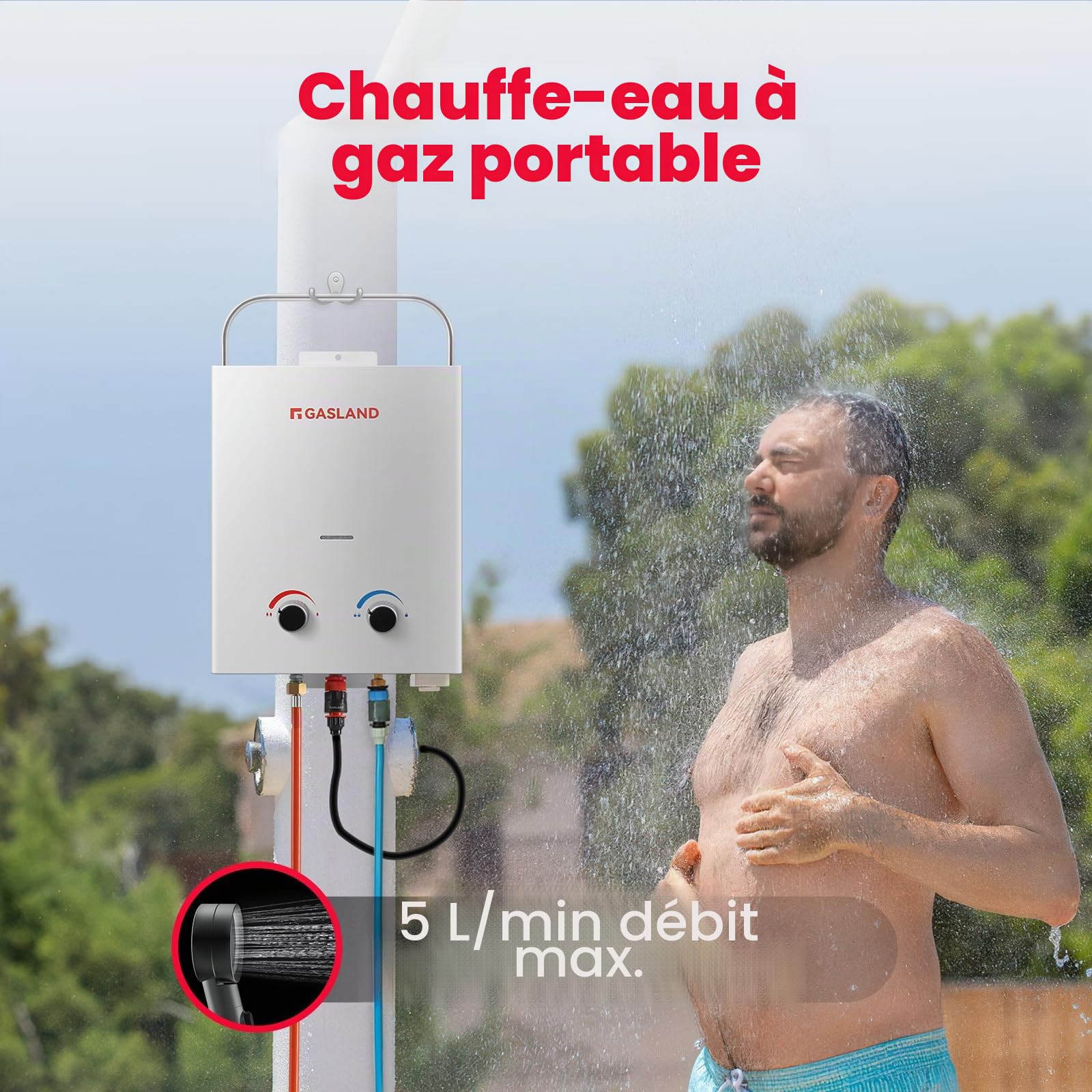 GASLAND Chauffe-eau à gaz AS132 au propane, 50 mbar, chauffe-eau GPL pour camping, camping-car, douche et chevaux