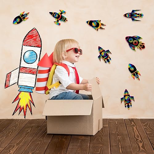 Miniatura 3 de Liliful 48 tarjetas rascadoras de cohetes para niños, temática espacial, fiestas, manualidades, tarjetas de papel, recuerdos artísticos para